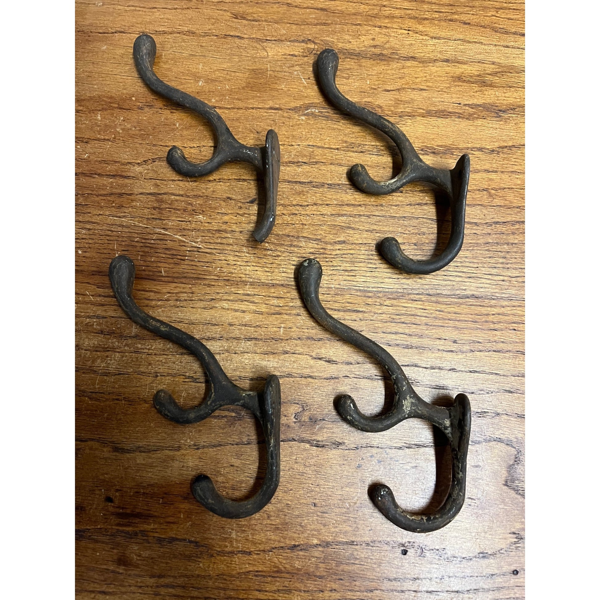 Antique Lot (4) School Style Cast Iron Triple Hat Coat Hooks Hangers Farmhouse
