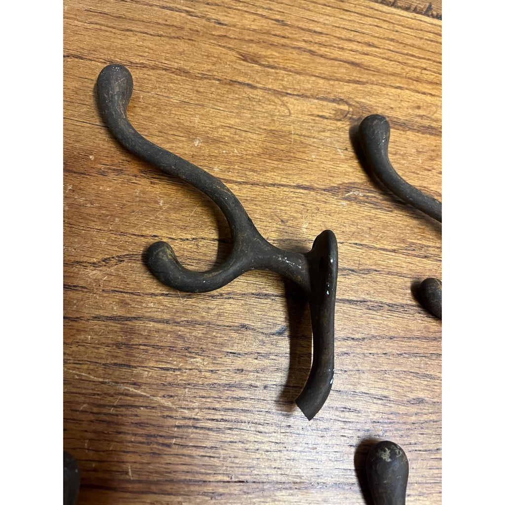 Antique Lot (4) School Style Cast Iron Triple Hat Coat Hooks Hangers Farmhouse