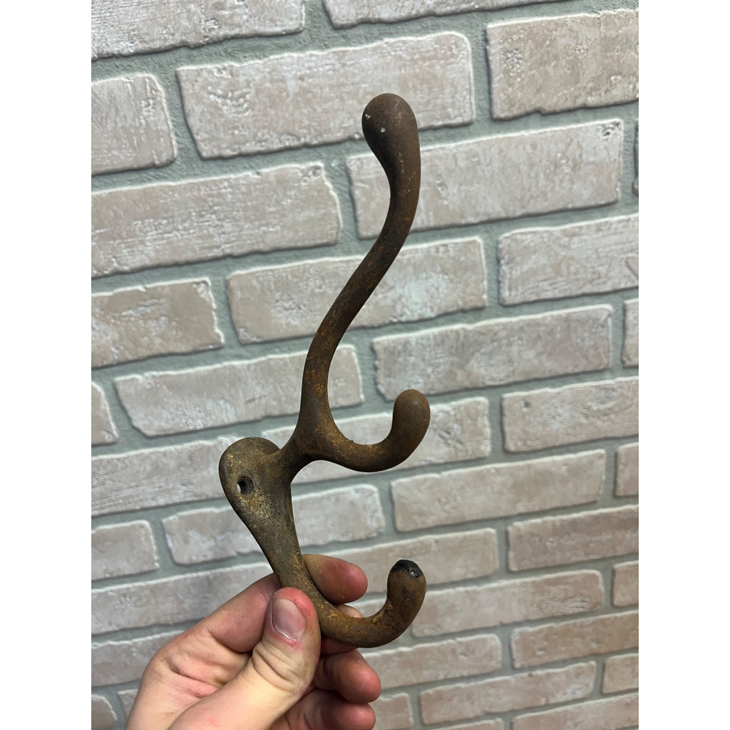 Antique Lot (4) School Style Cast Iron Triple Hat Coat Hooks Hangers Farmhouse