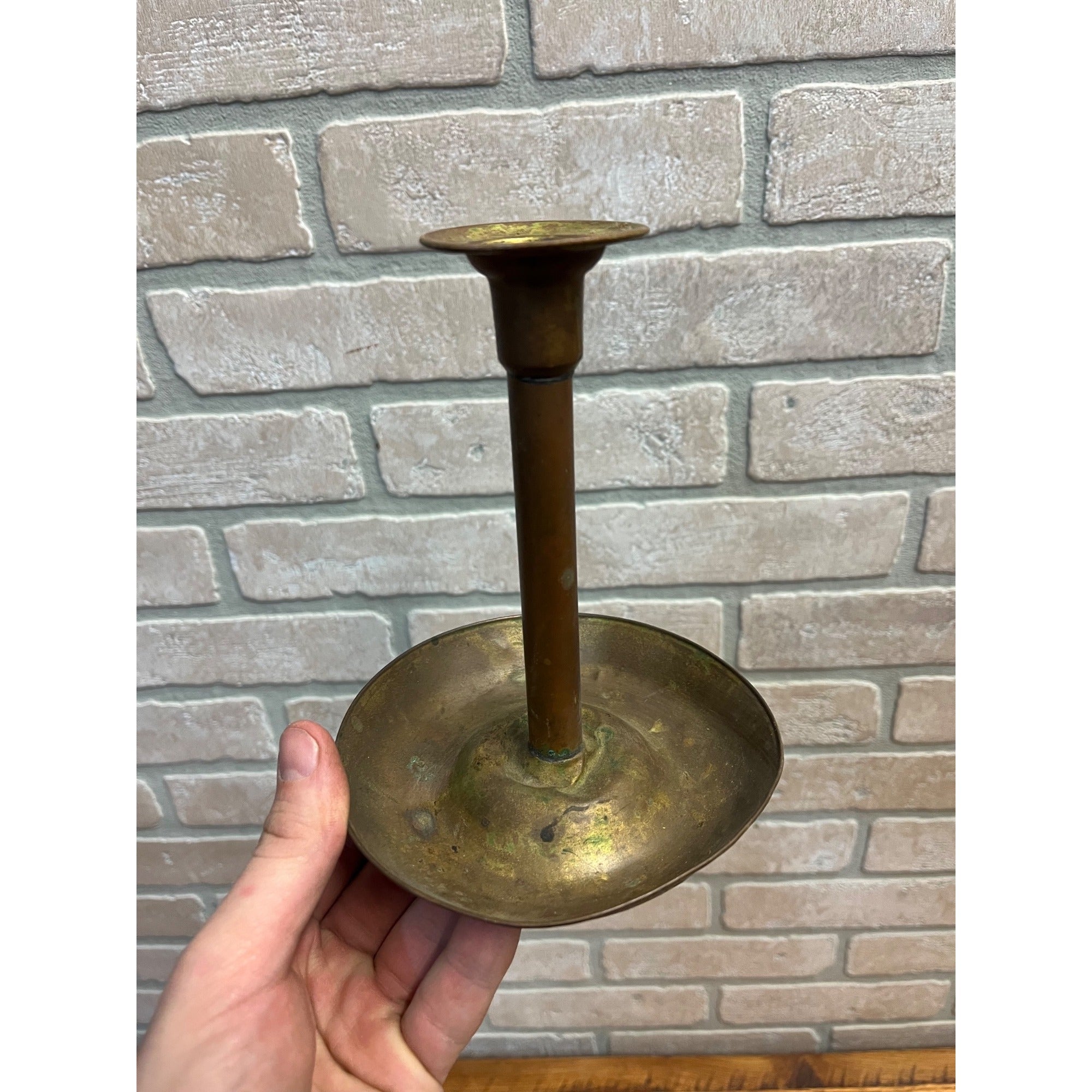 Antique Primitive Brass Candle Stick Holder w/ Wax Drip Catch Tray 6.5"