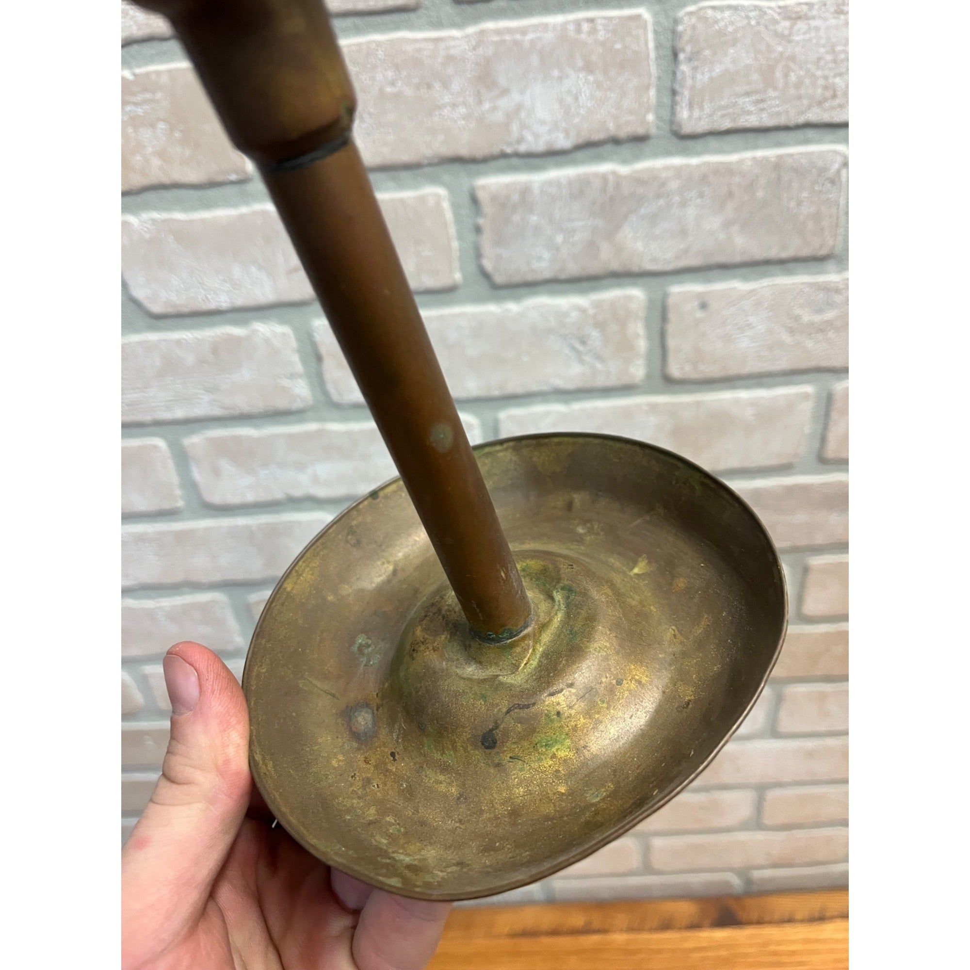 Antique Primitive Brass Candle Stick Holder w/ Wax Drip Catch Tray 6.5"