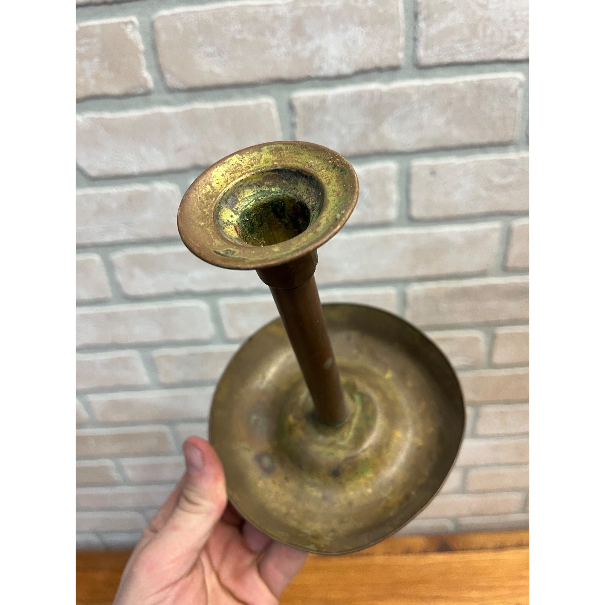 Antique Primitive Brass Candle Stick Holder w/ Wax Drip Catch Tray 6.5"