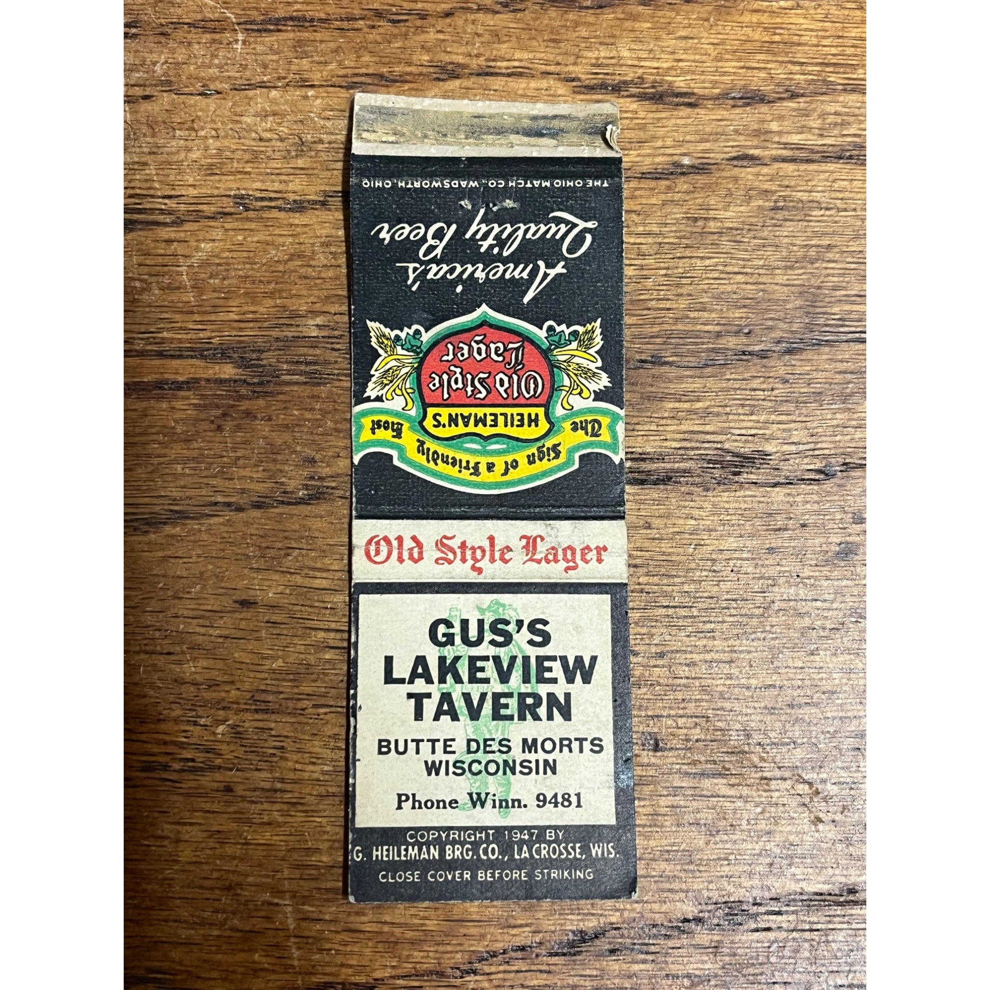 Vintage Heileman's Old Style Beer Matchbook Gus's Lakeview Tavern Butte Des Morts