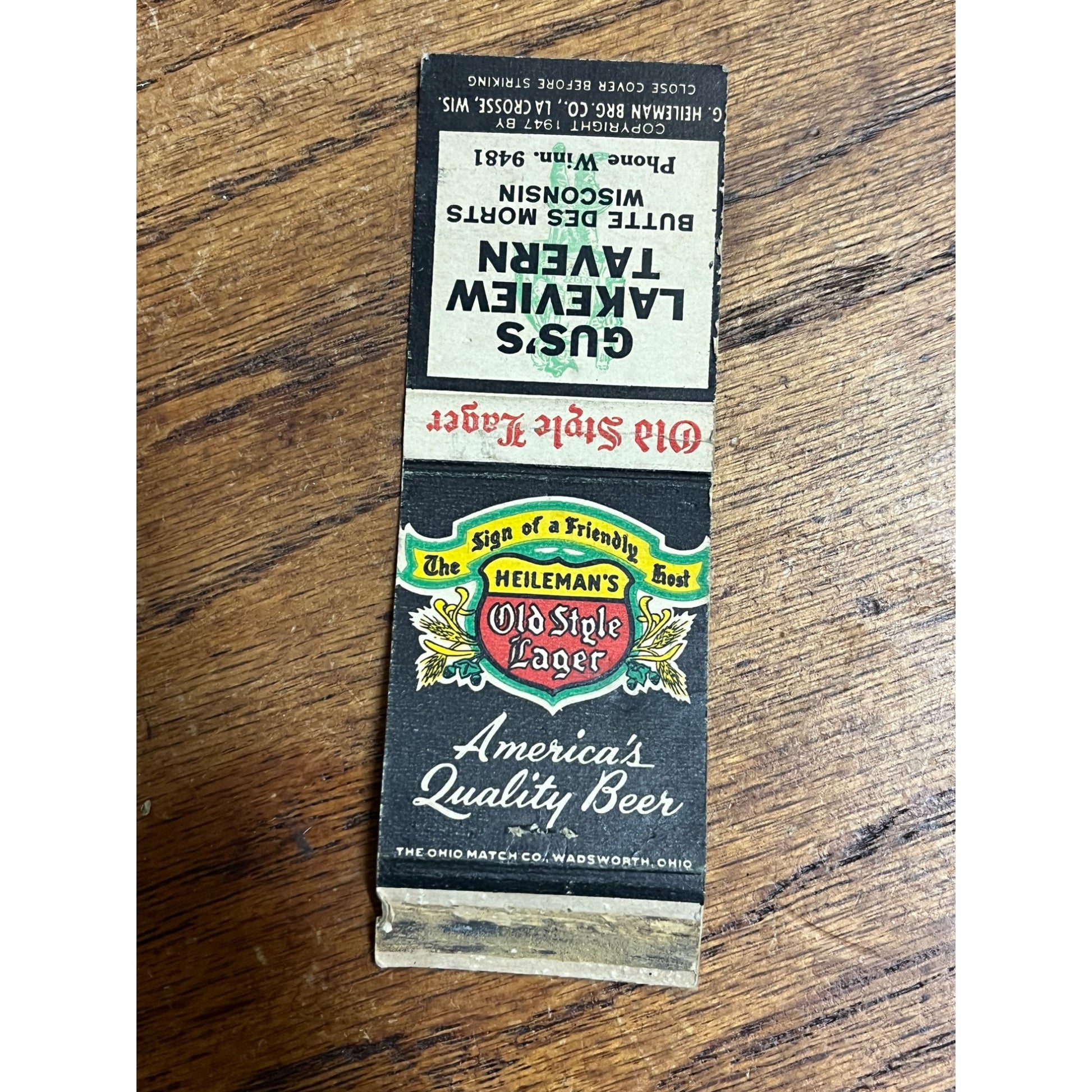Vintage Heileman's Old Style Beer Matchbook Gus's Lakeview Tavern Butte Des Morts