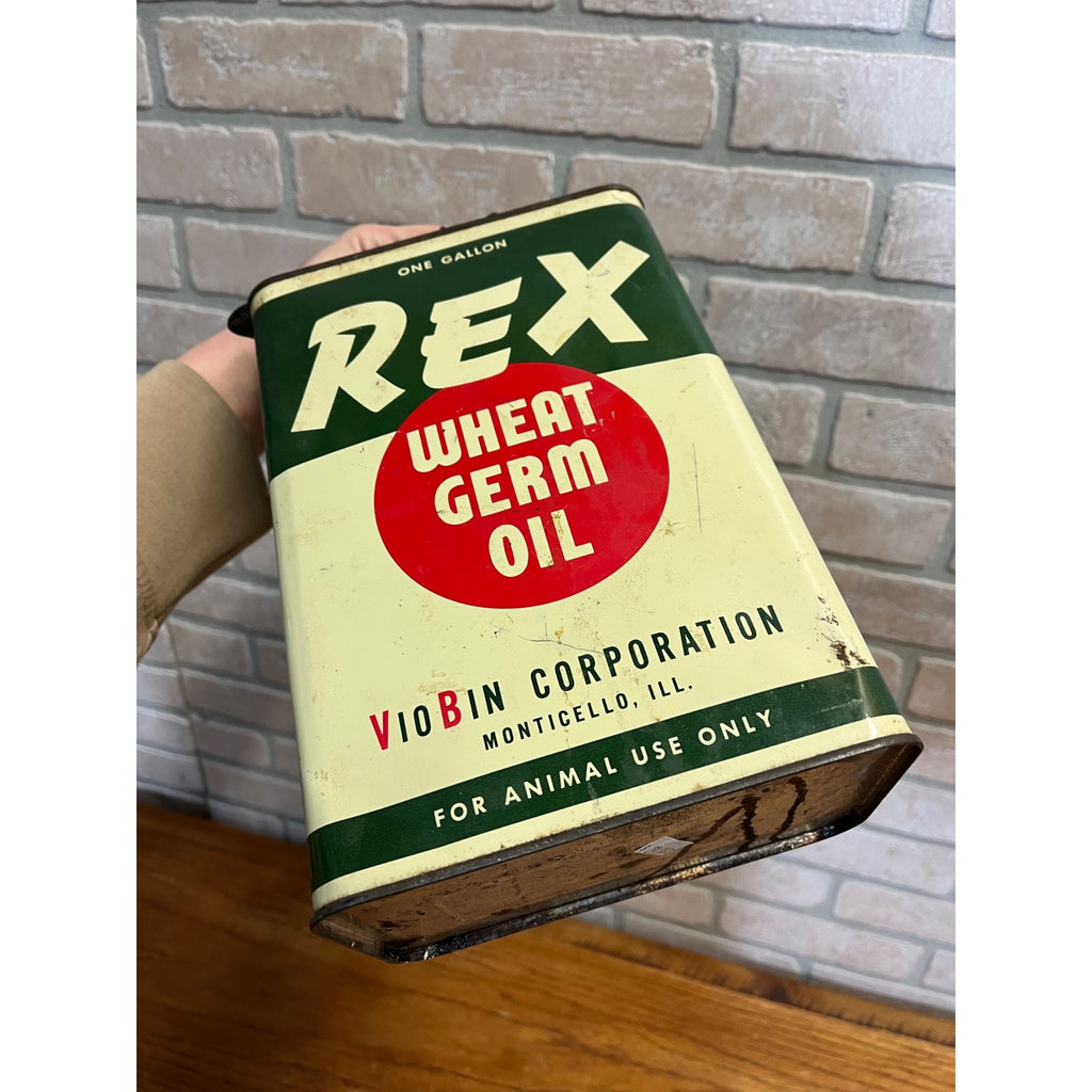 Vintage Rex Wheat Germ Oil Viobin Farm Animals Gallon Advertising Tin Can Vet
