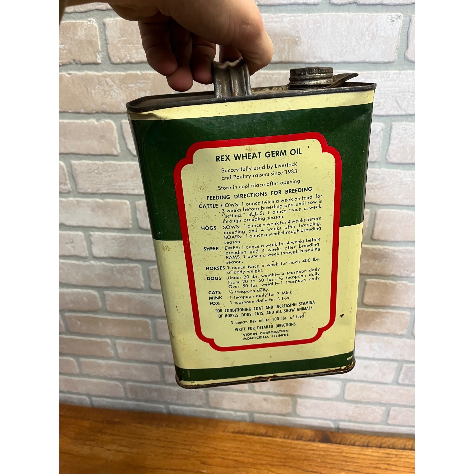 Vintage Rex Wheat Germ Oil Viobin Farm Animals Gallon Advertising Tin Can Vet