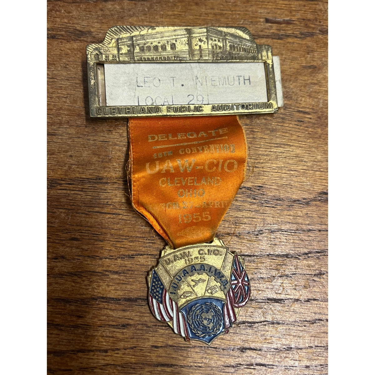 Vintage 1955 UAW CIO Convention Delegate Badge Pin Cleveland Ohio Auditorium