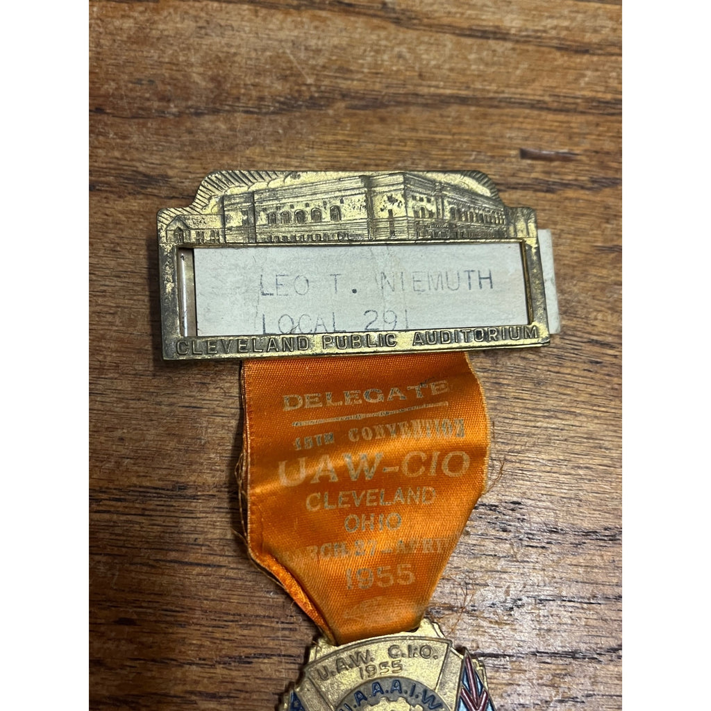 Vintage 1955 UAW CIO Convention Delegate Badge Pin Cleveland Ohio Auditorium