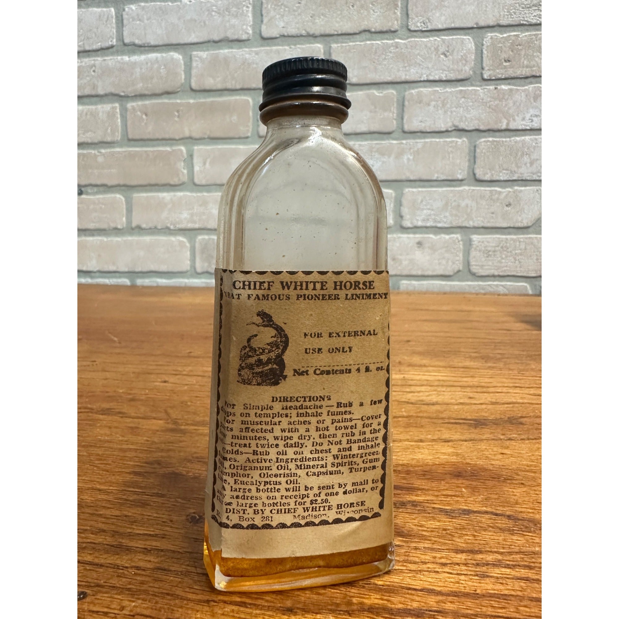 Antique Quack Medicine Chief White Horse Liniment Bottle Madison Wisconsin Wis
