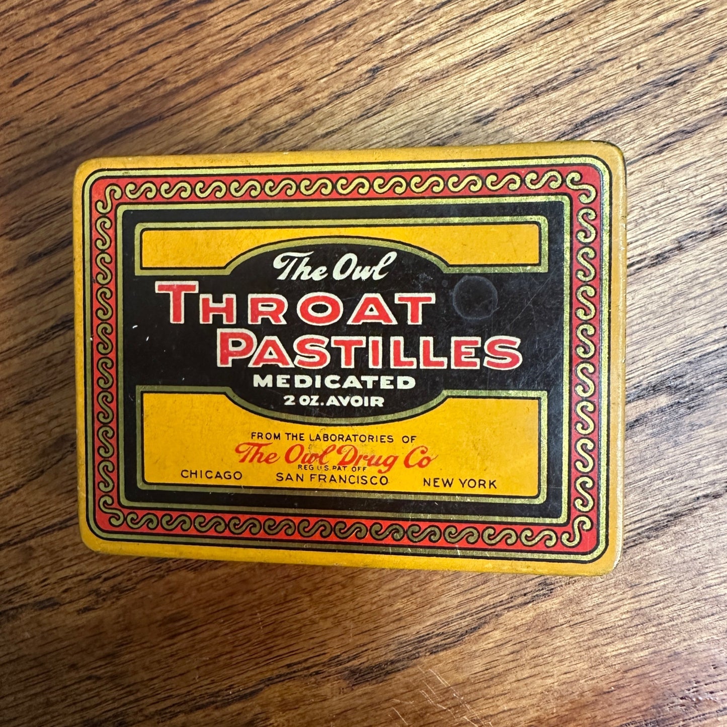 Vintage 1930s The Owl Drug Co. Advertising Medicine Tin Throat Pastilles