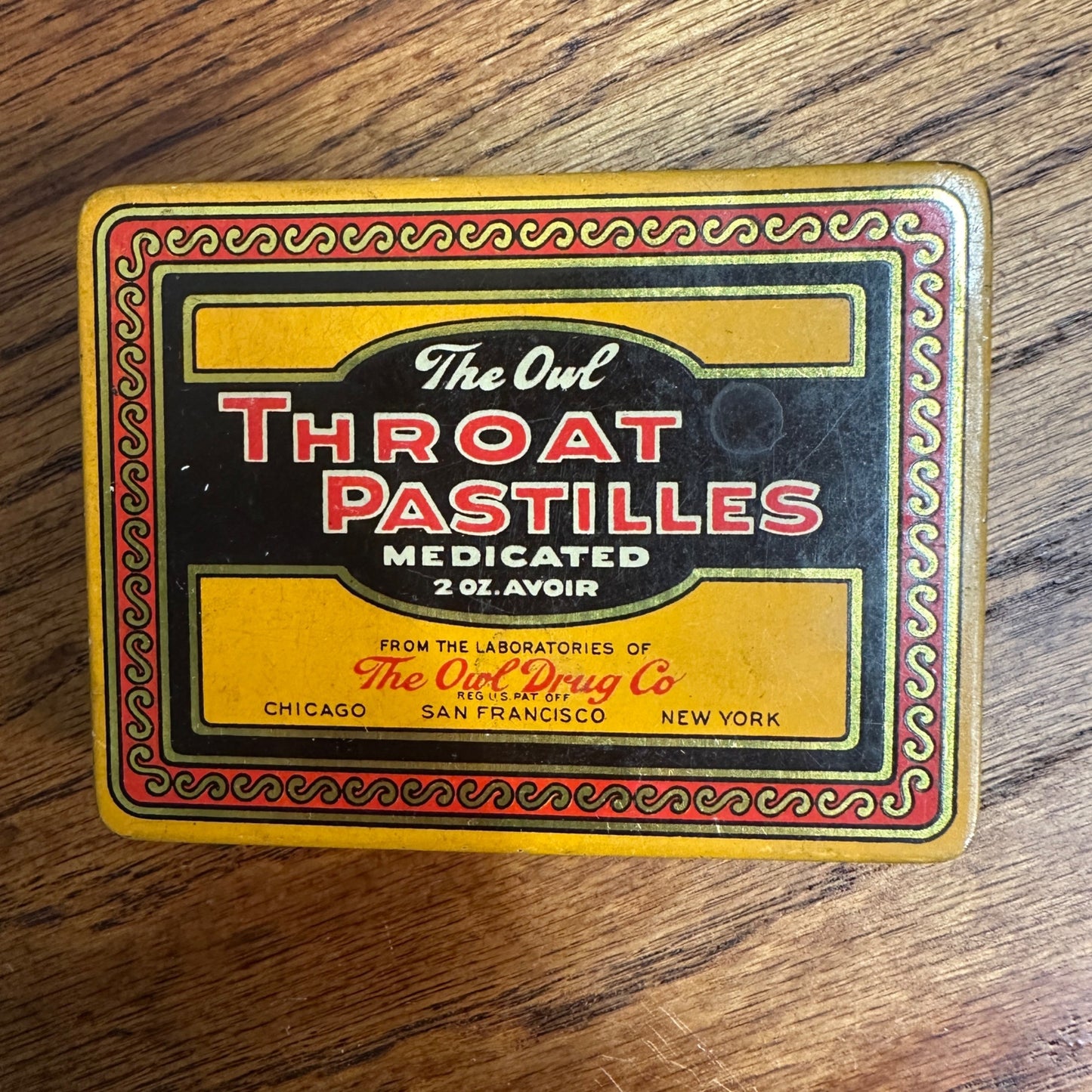 Vintage 1930s The Owl Drug Co. Advertising Medicine Tin Throat Pastilles