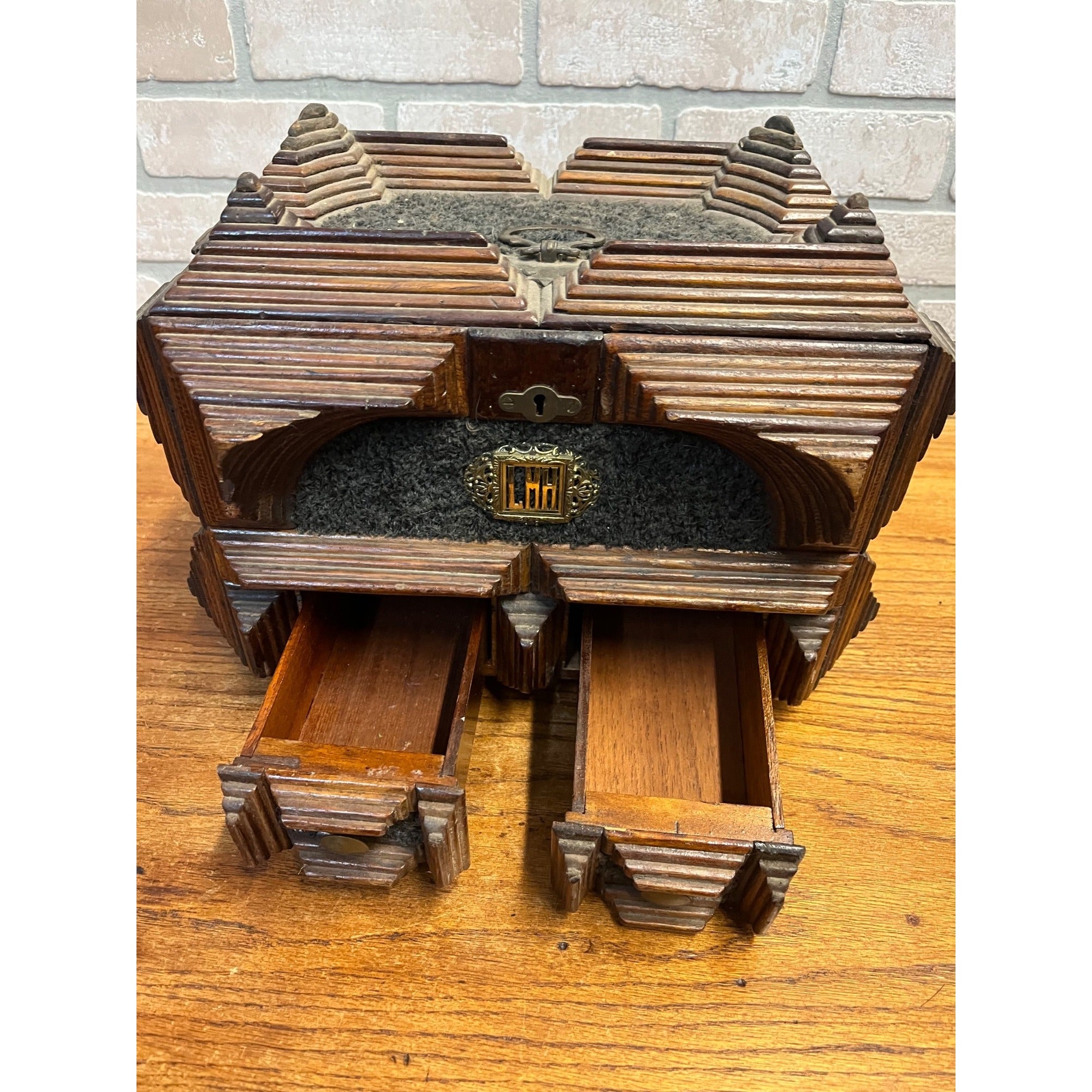 Antique Tramp Art Dresser Jewelry Box Large Chip Carved Folk Art AAFA Primitive