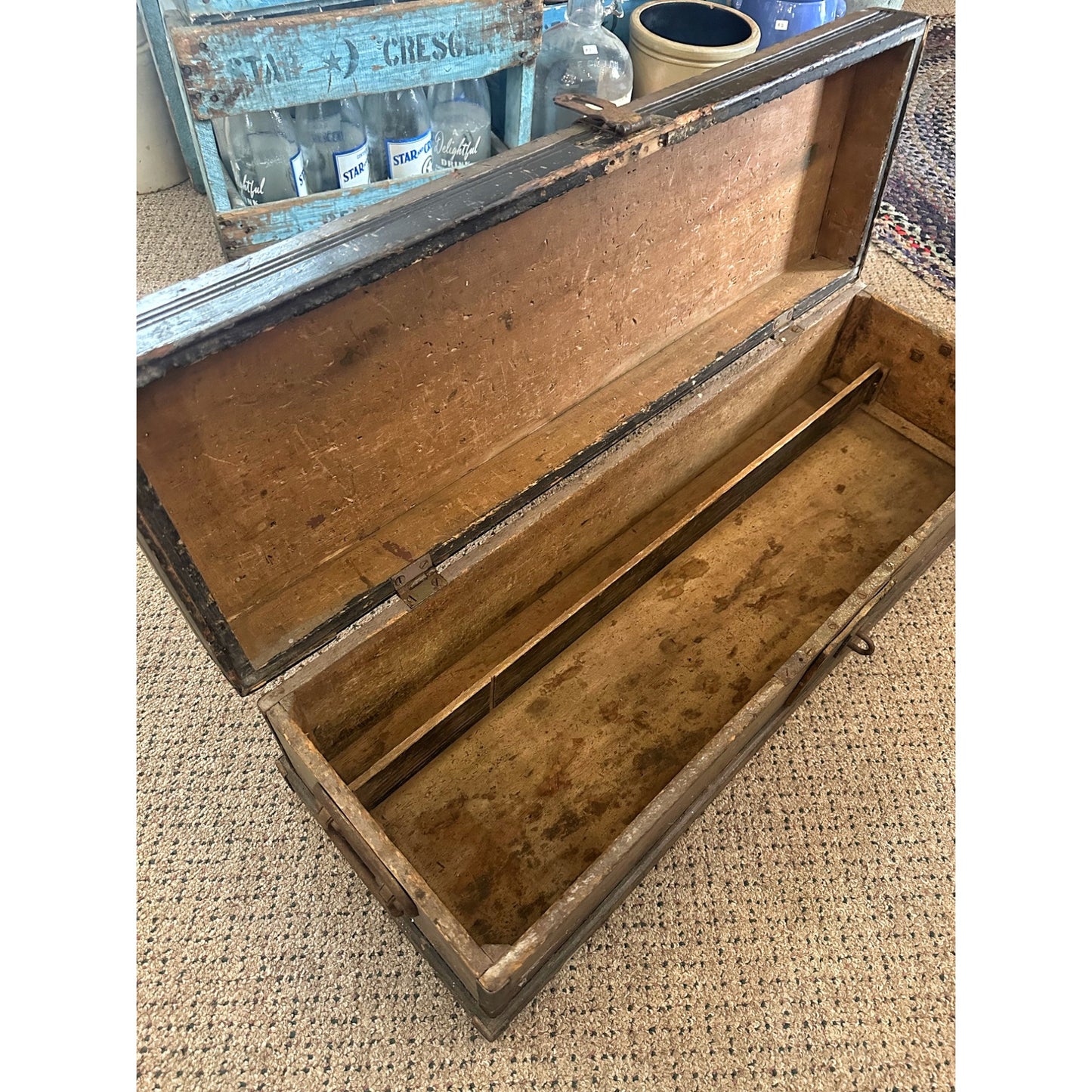 Antique Primitive Carpenters Chest Trunk Tool Box Wooden Early Gray