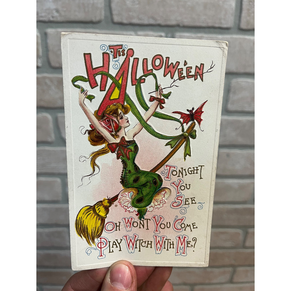 Vintage Halloween Postcard Gorgeous Witch Flying Art Nouveau J .Marks #981