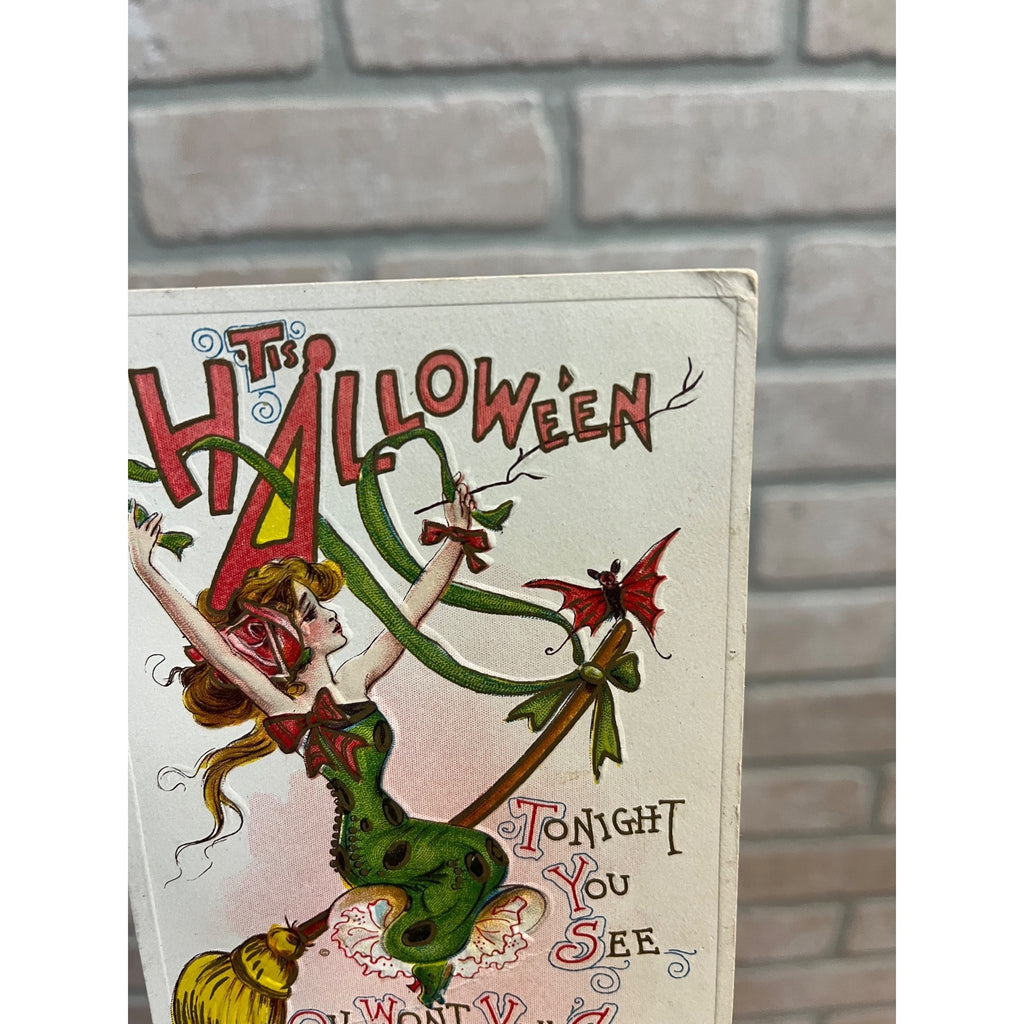 Vintage Halloween Postcard Gorgeous Witch Flying Art Nouveau J .Marks #981
