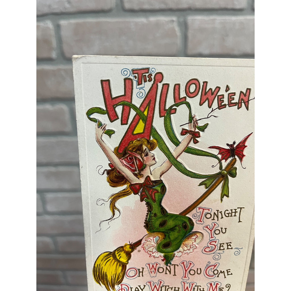 Vintage Halloween Postcard Gorgeous Witch Flying Art Nouveau J .Marks #981
