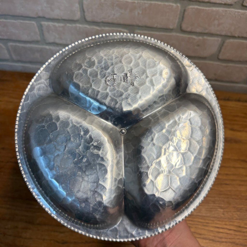 Continental Hand Wrought Silverlook Aluminum 729 Divided Serving Dish Rose Cente