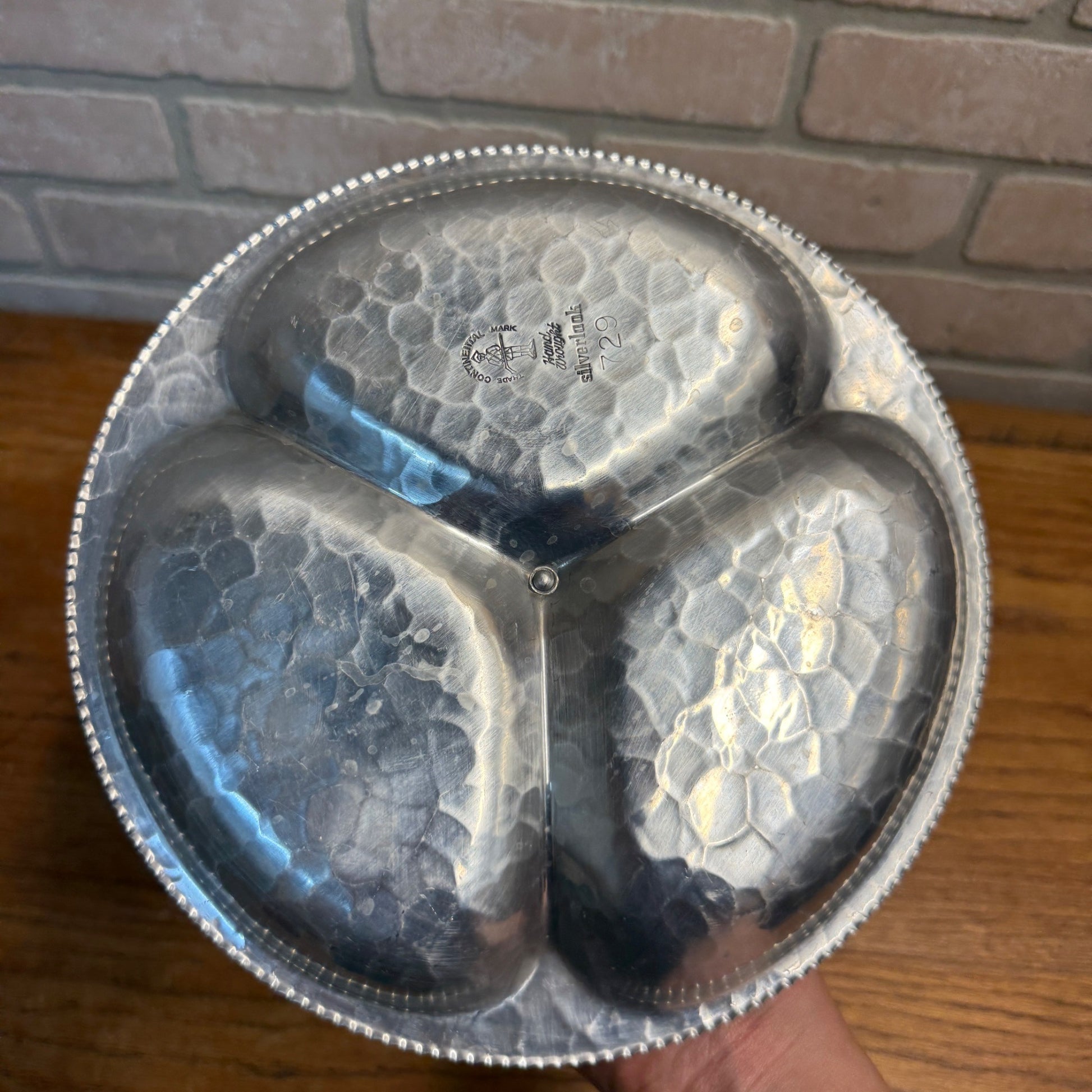 Continental Hand Wrought Silverlook Aluminum 729 Divided Serving Dish Rose Cente