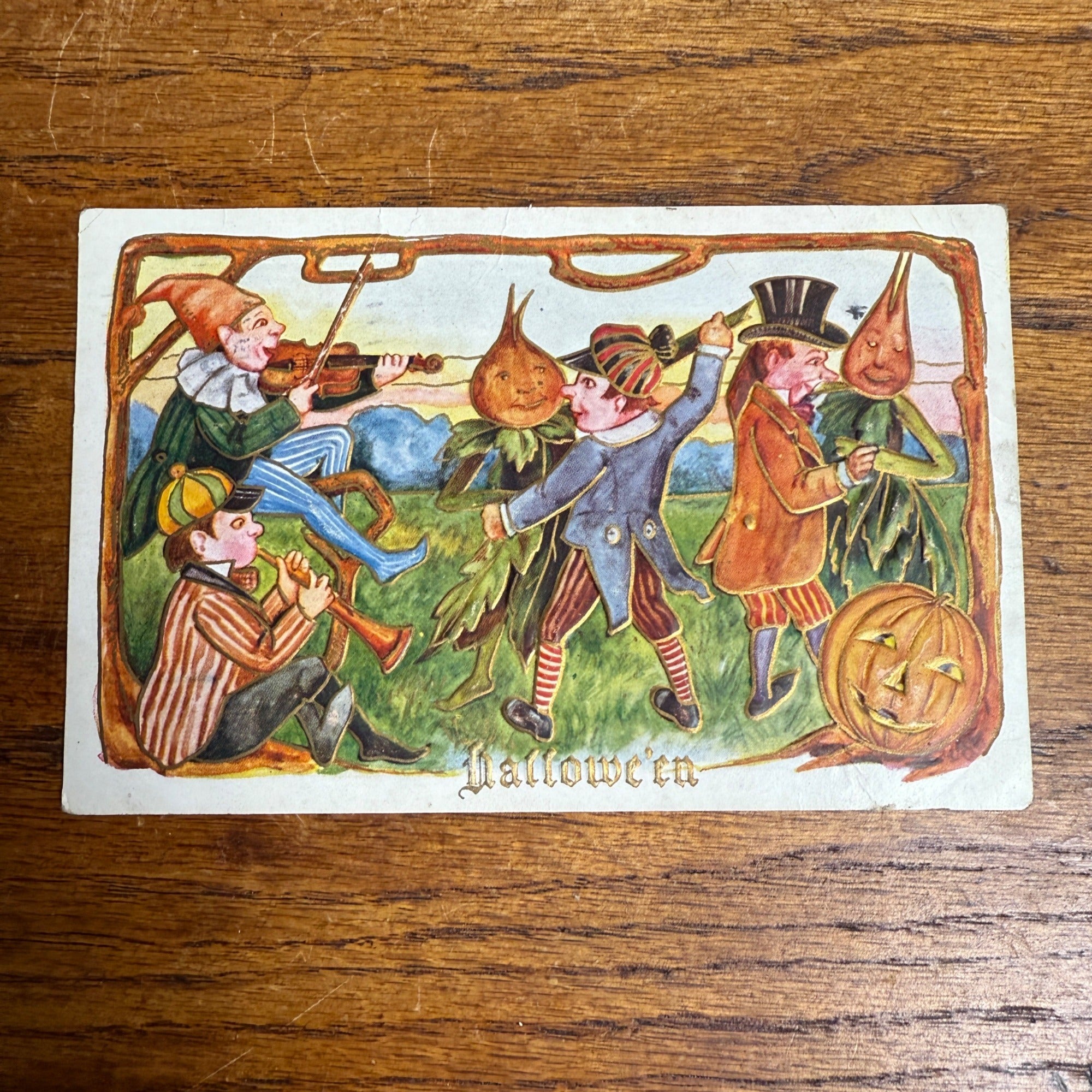 Vintage 1909 Happy Halloween Postcard Anthropomorphic Veggies Boys Instruments