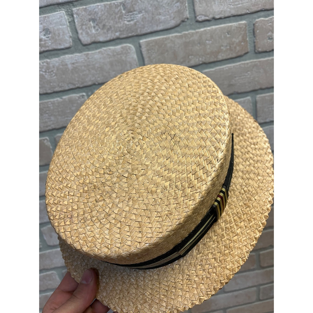 Vintage Boater Straw Hat Extra Sennit Skimmer Flat Top Mens Sz 7 Boat Master Mode
