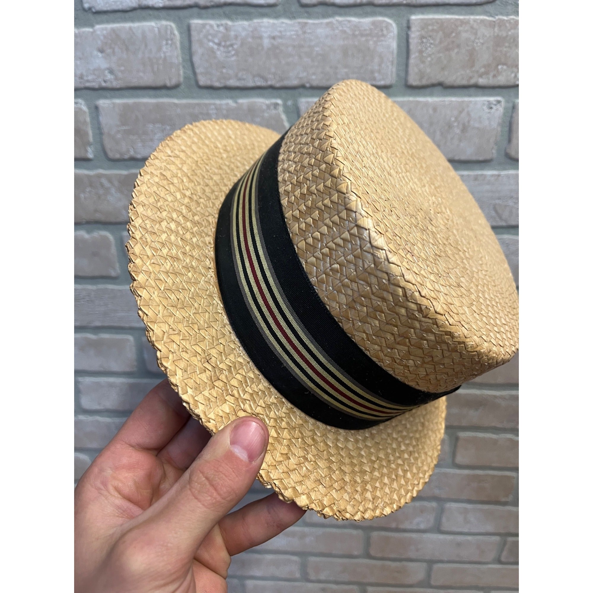 Vintage Boater Straw Hat Extra Sennit Skimmer Flat Top Mens Sz 7 Boat Master Mode