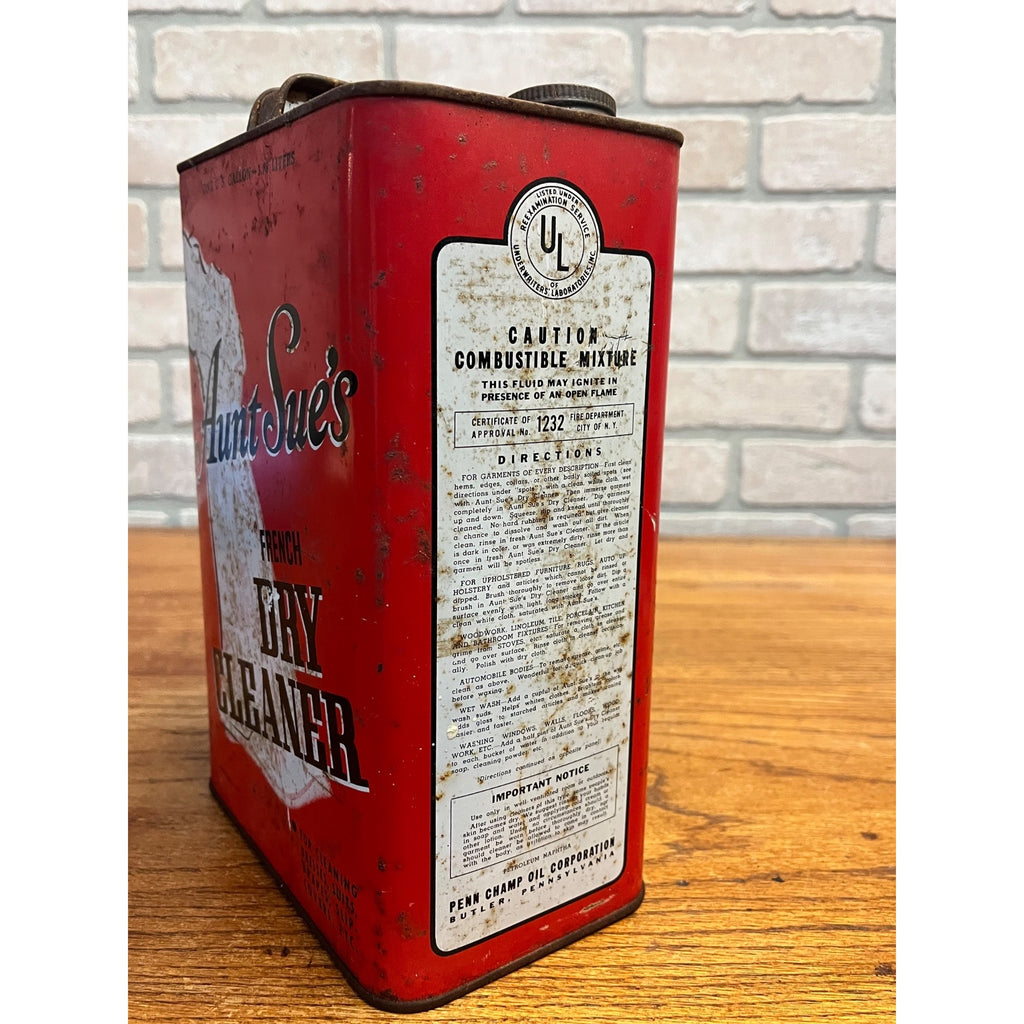 Vintage Aunt Sue's French Dry Cleaner 1 Gallon Metal Can Oil Sign Advertising