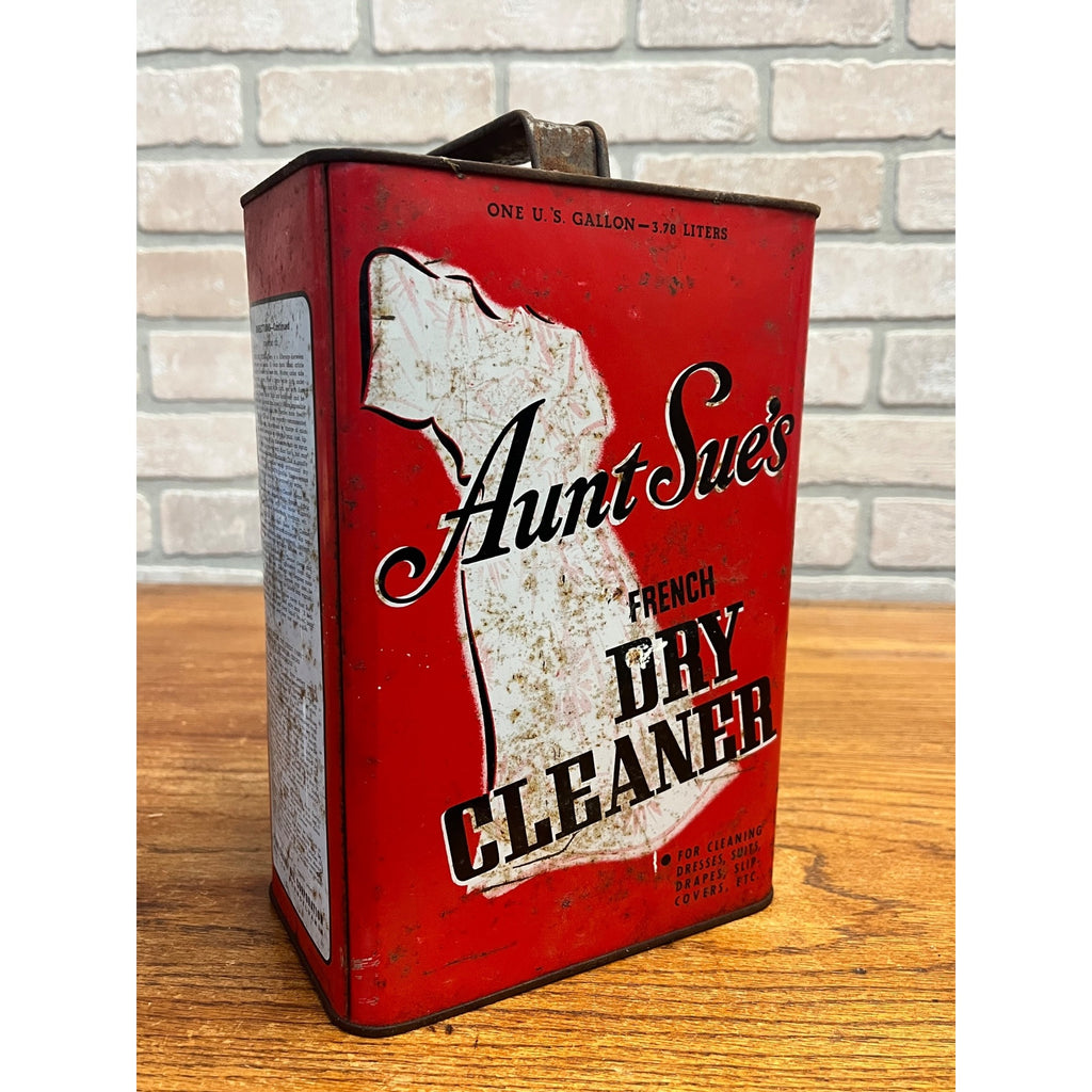 Vintage Aunt Sue's French Dry Cleaner 1 Gallon Metal Can Oil Sign Advertising