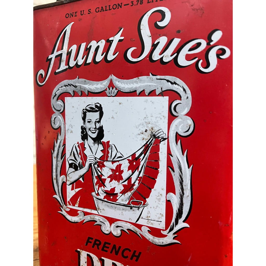 Vintage Aunt Sue's French Dry Cleaner 1 Gallon Metal Can Oil Sign Advertising