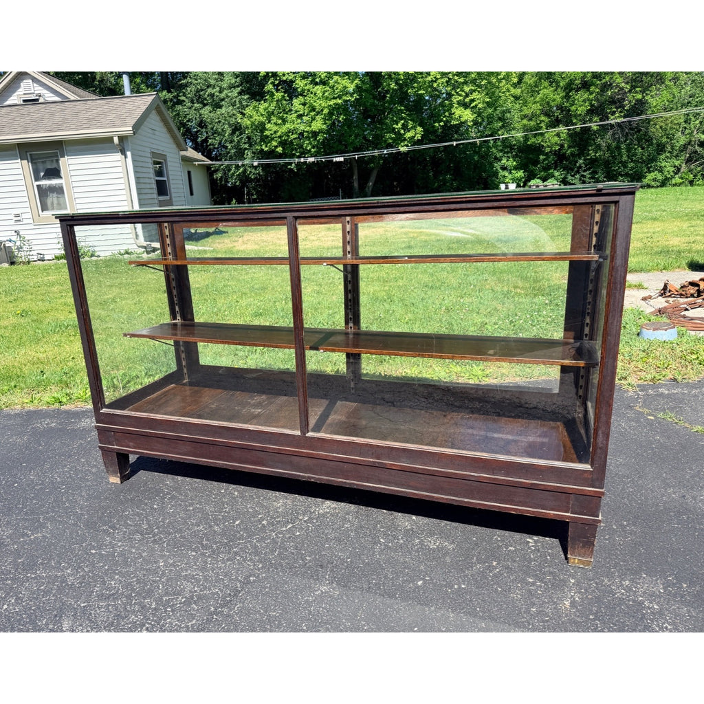 Antique Oak General Store Display Case Showcase Cabinet w/ Sliding Glass Doors