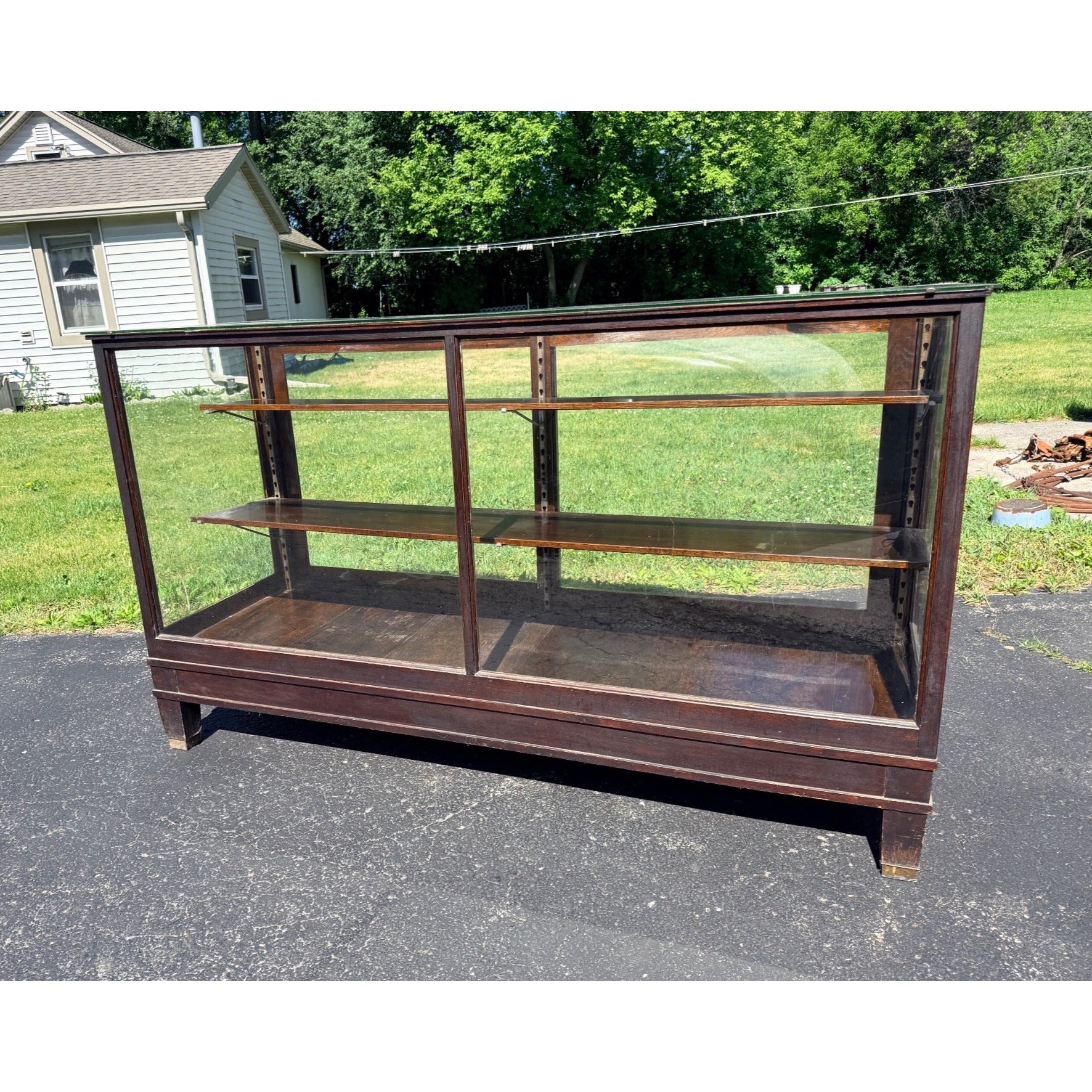 Antique Oak General Store Display Case Showcase Cabinet w/ Sliding Glass Doors