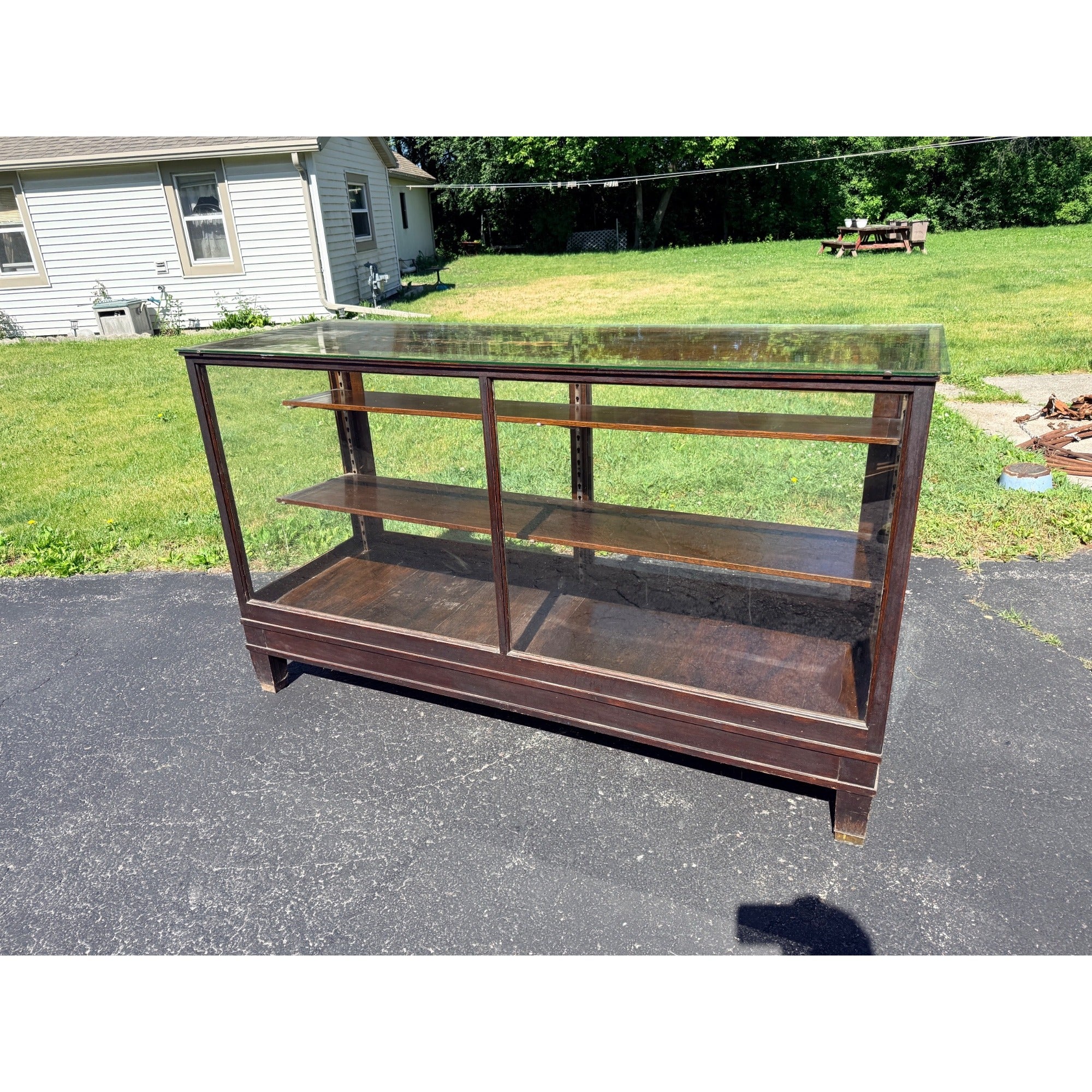 Antique Oak General Store Display Case Showcase Cabinet w/ Sliding Glass Doors