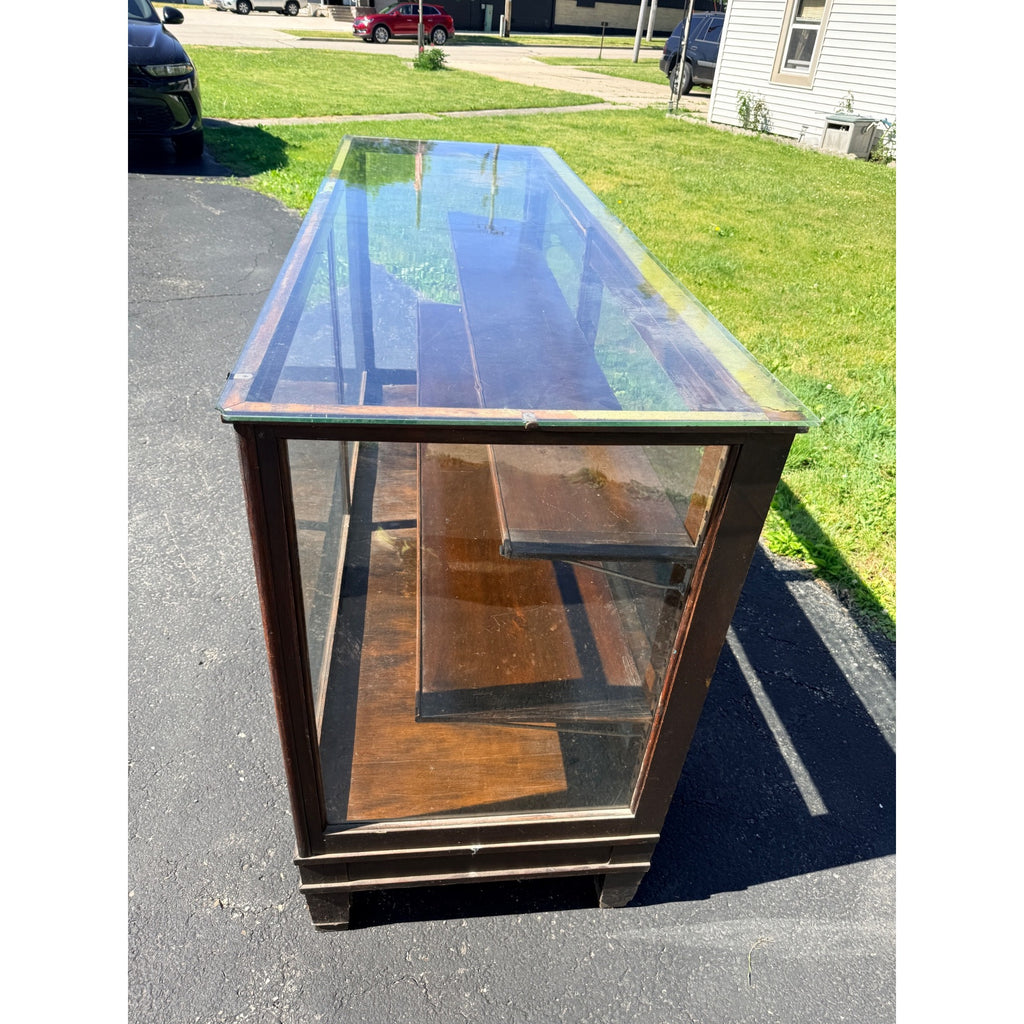 Antique Oak General Store Display Case Showcase Cabinet w/ Sliding Glass Doors