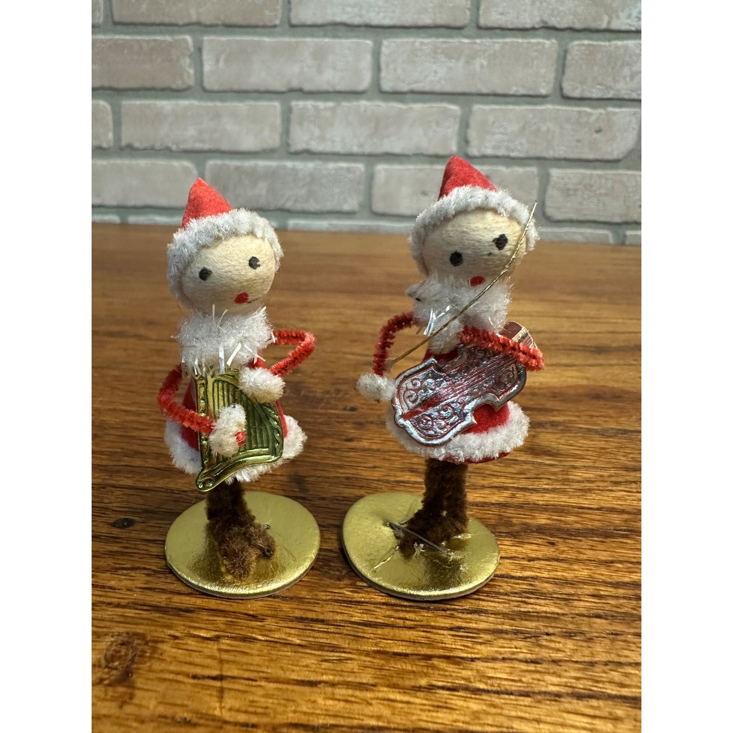 Vintage 1960s Chenille Christmas Figures w/ Musical Instruments Pixies Elves 2.75"