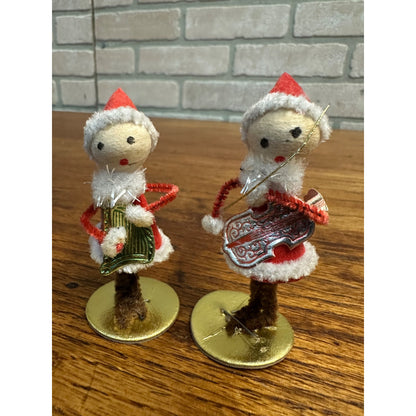 Vintage 1960s Chenille Christmas Figures w/ Musical Instruments Pixies Elves 2.75"