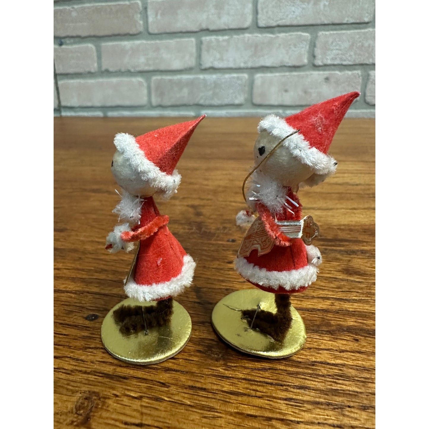 Vintage 1960s Chenille Christmas Figures w/ Musical Instruments Pixies Elves 2.75"