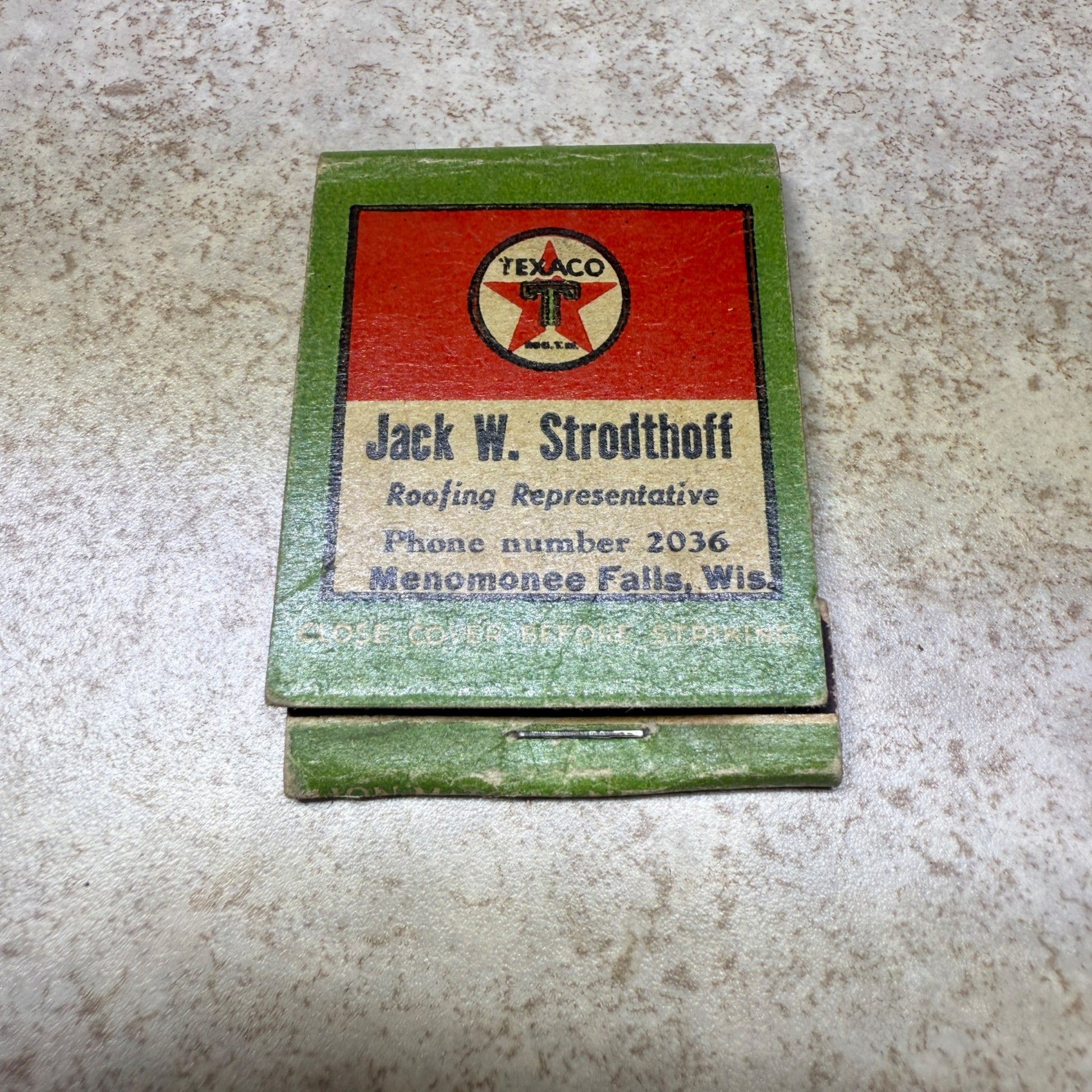 Texaco Shingles Station Strodthoff Menomonee Falls Wis Advertising Matchbook