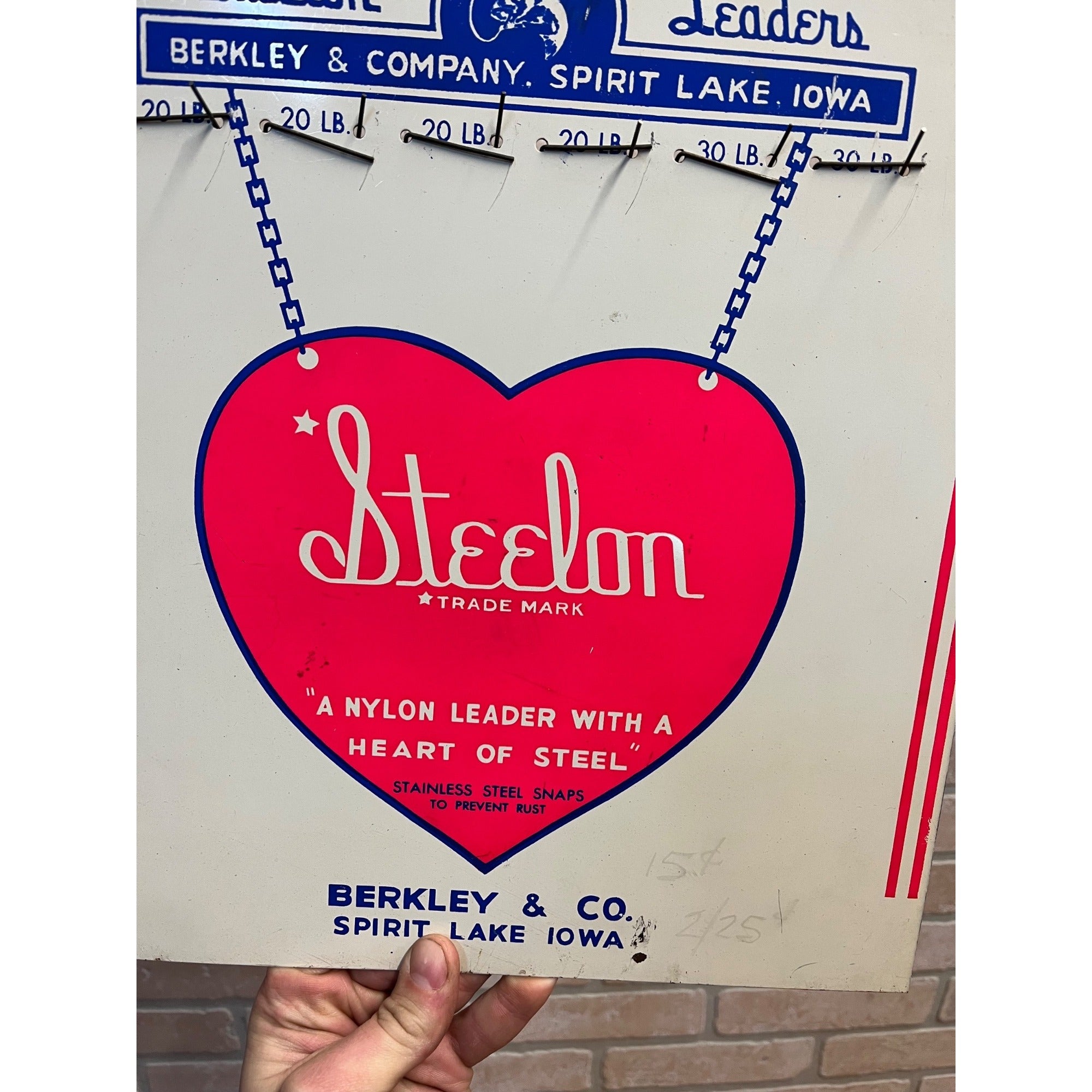 Vintage Original Berkley Company Steelon Fishing Leaders Metal Sign Advertising