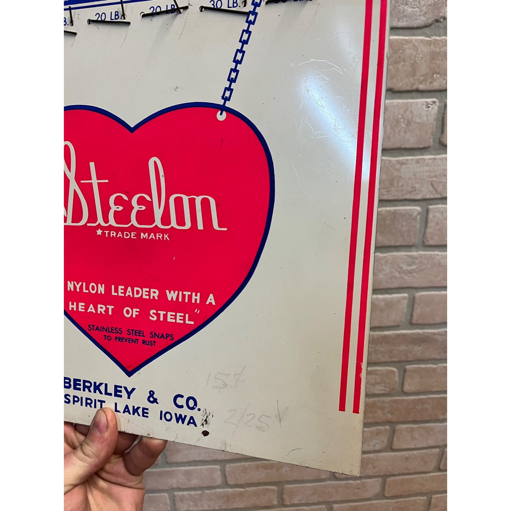 Vintage Original Berkley Company Steelon Fishing Leaders Metal Sign Advertising