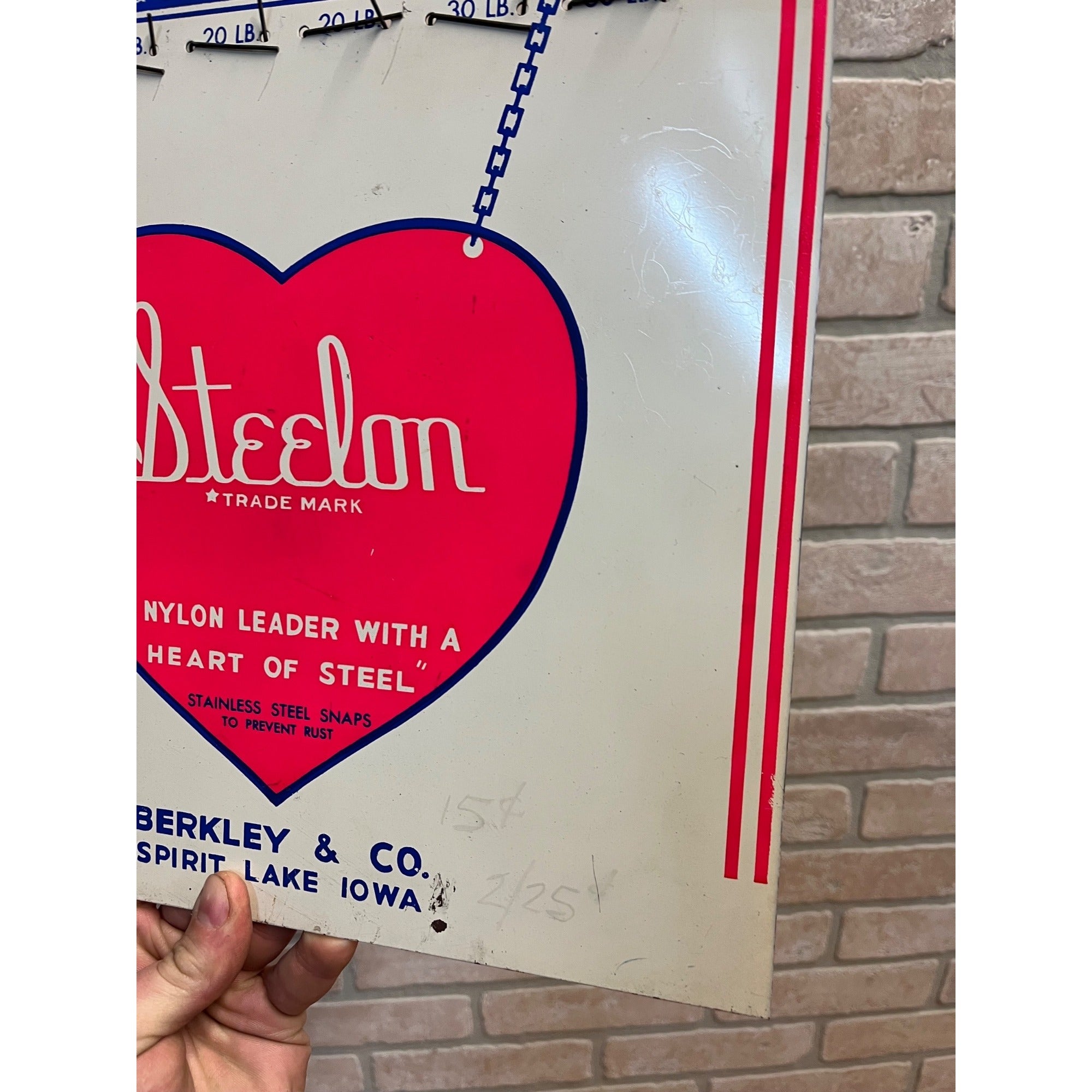 Vintage Original Berkley Company Steelon Fishing Leaders Metal Sign Advertising