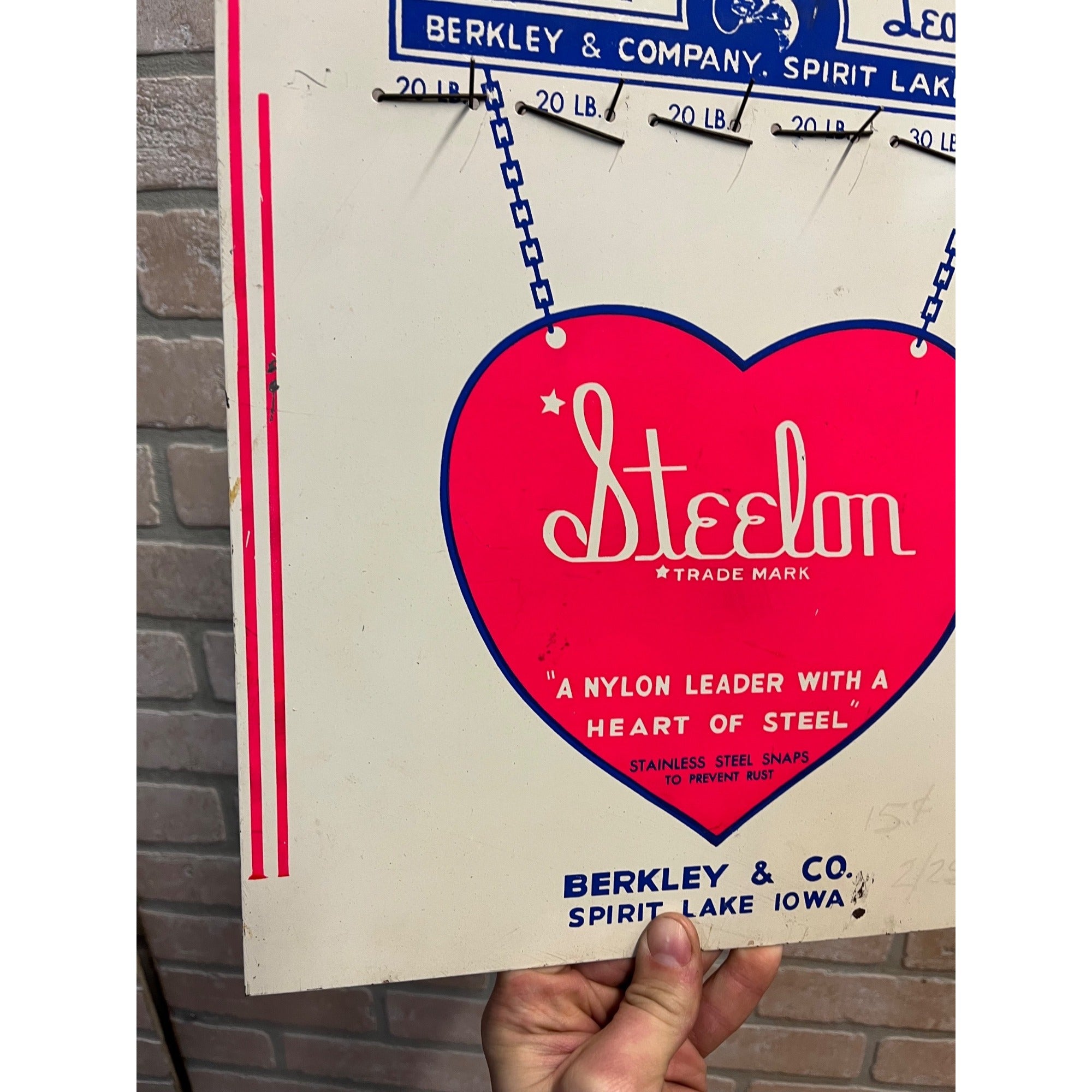 Vintage Original Berkley Company Steelon Fishing Leaders Metal Sign Advertising