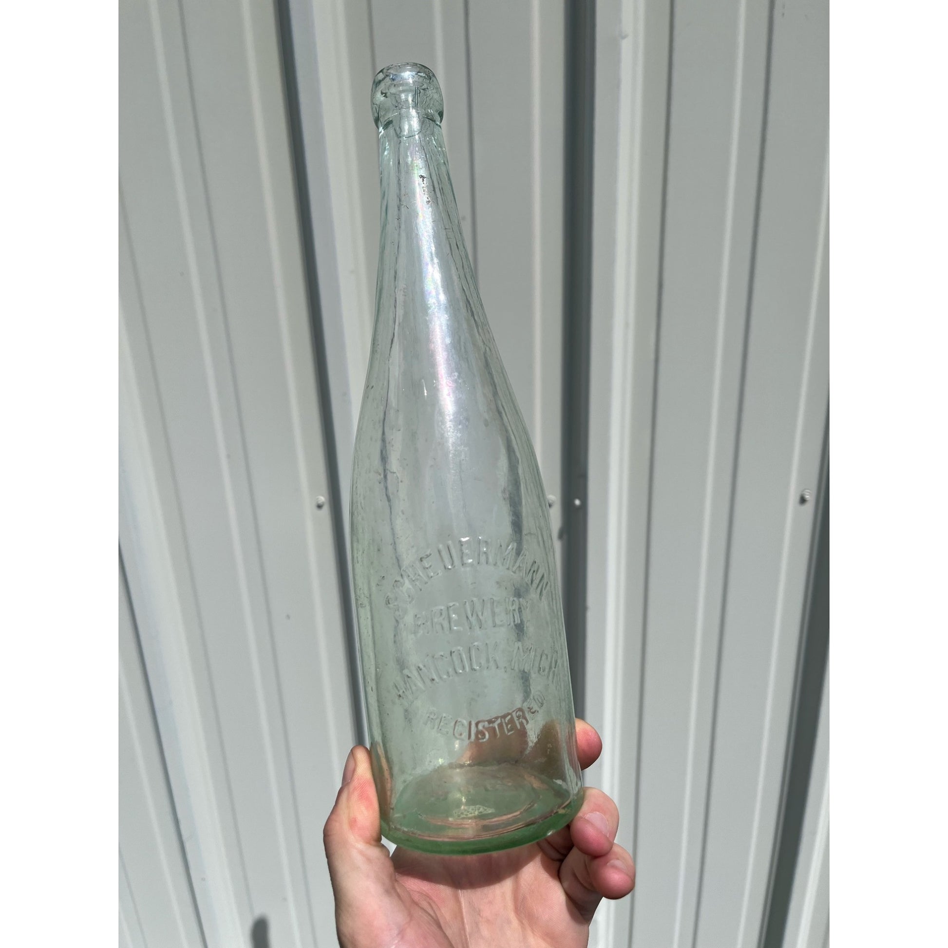 Pre-Pro Phil Scheuermann Brewing Hancock Michigan Beer Bottle Quart Clear Aqua Blue
