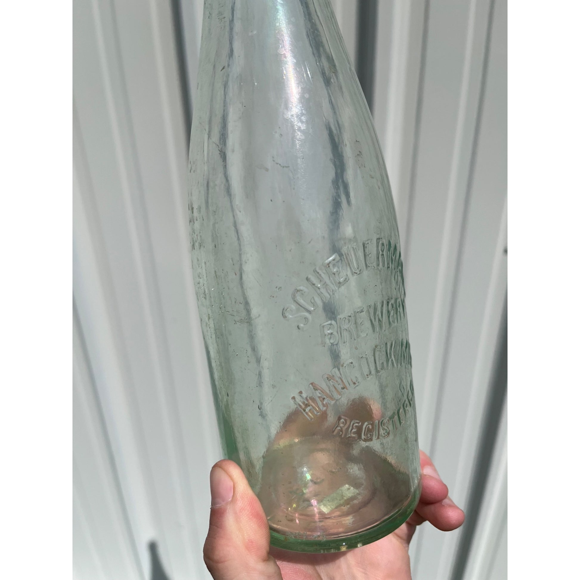 Pre-Pro Phil Scheuermann Brewing Hancock Michigan Beer Bottle Quart Clear Aqua Blue