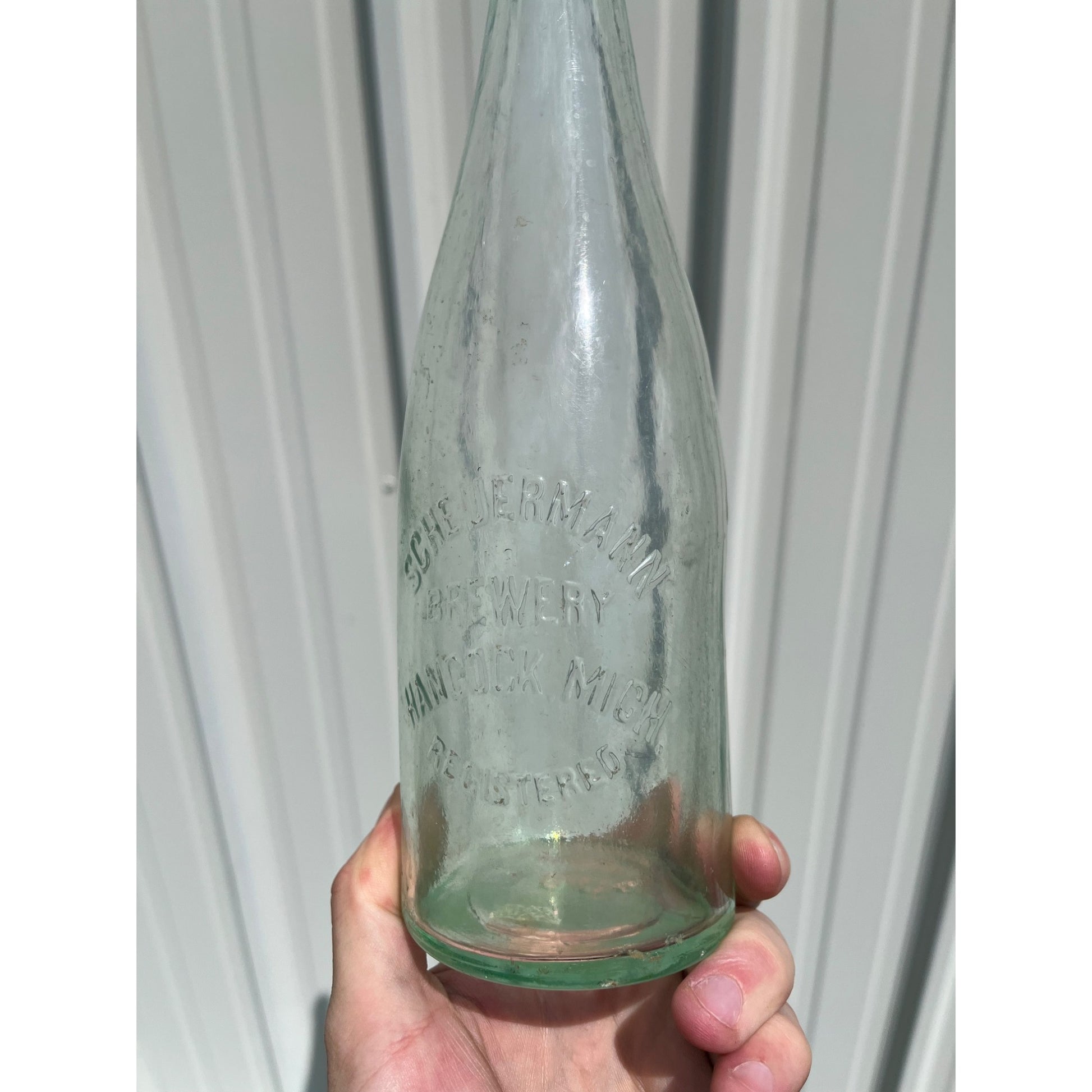 Pre-Pro Phil Scheuermann Brewing Hancock Michigan Beer Bottle Quart Clear Aqua Blue