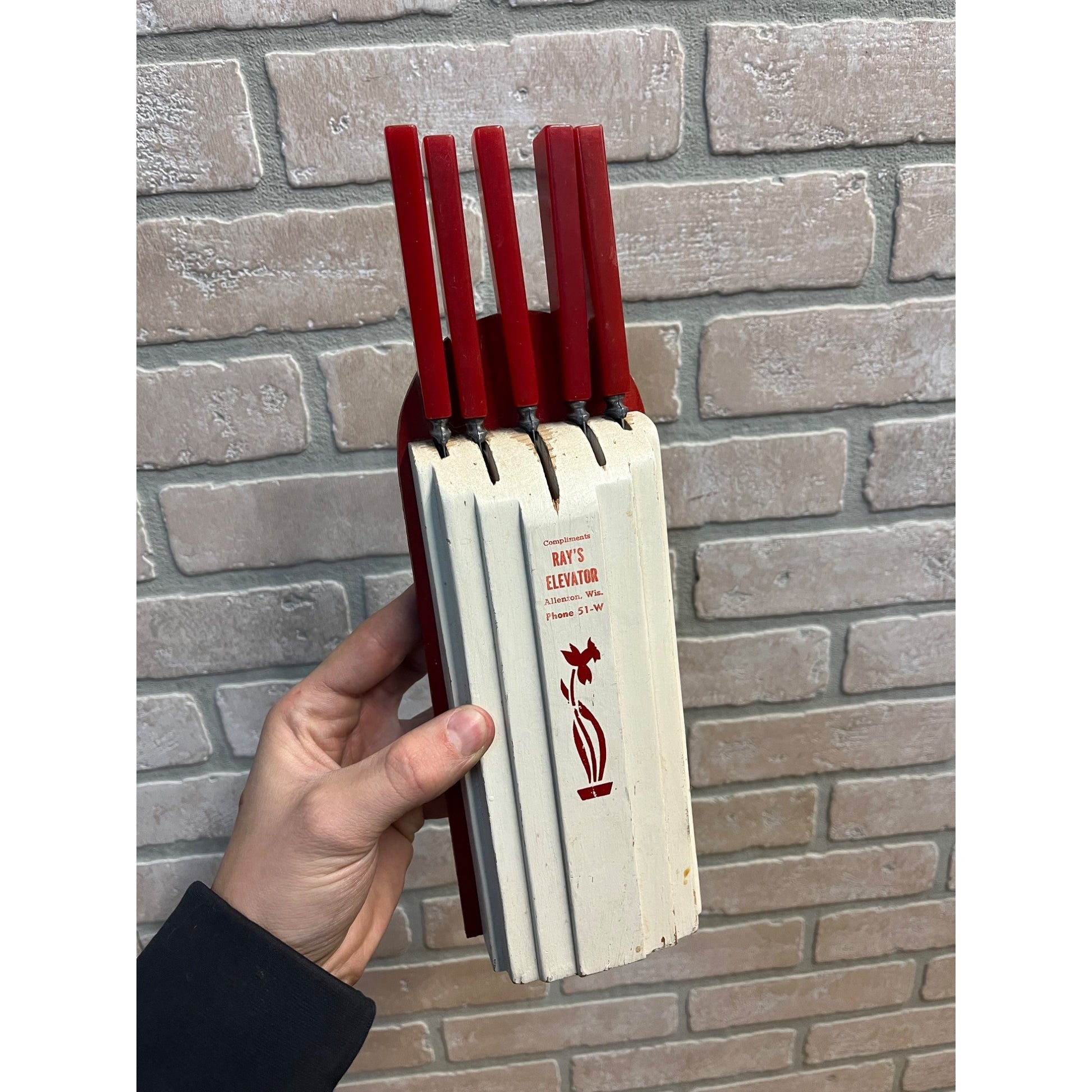 Vintage Mid-Century MCM Red/White Knife Block Holder Bakelite Knives Allenton WI
