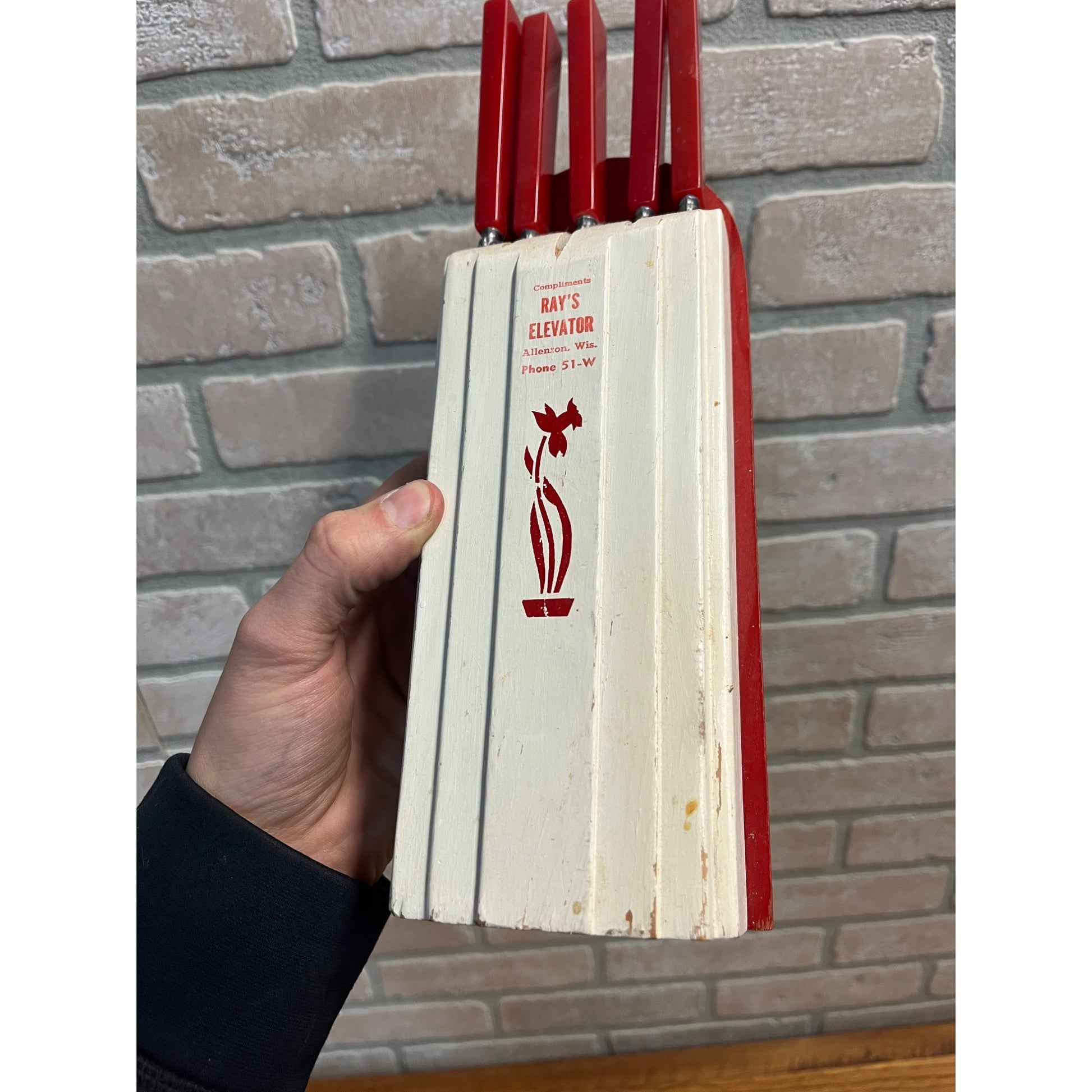 Vintage Mid-Century MCM Red/White Knife Block Holder Bakelite Knives Allenton WI