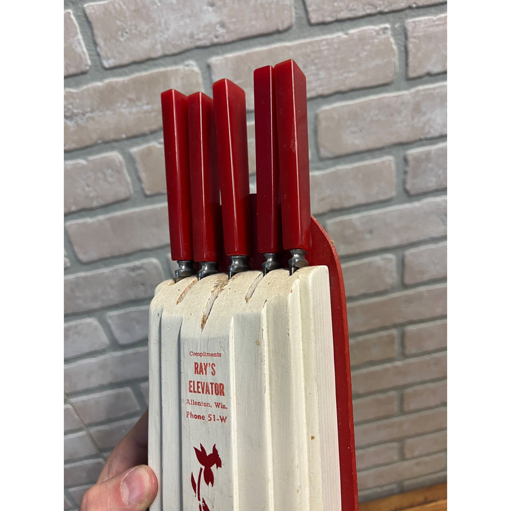 Vintage Mid-Century MCM Red/White Knife Block Holder Bakelite Knives Allenton WI