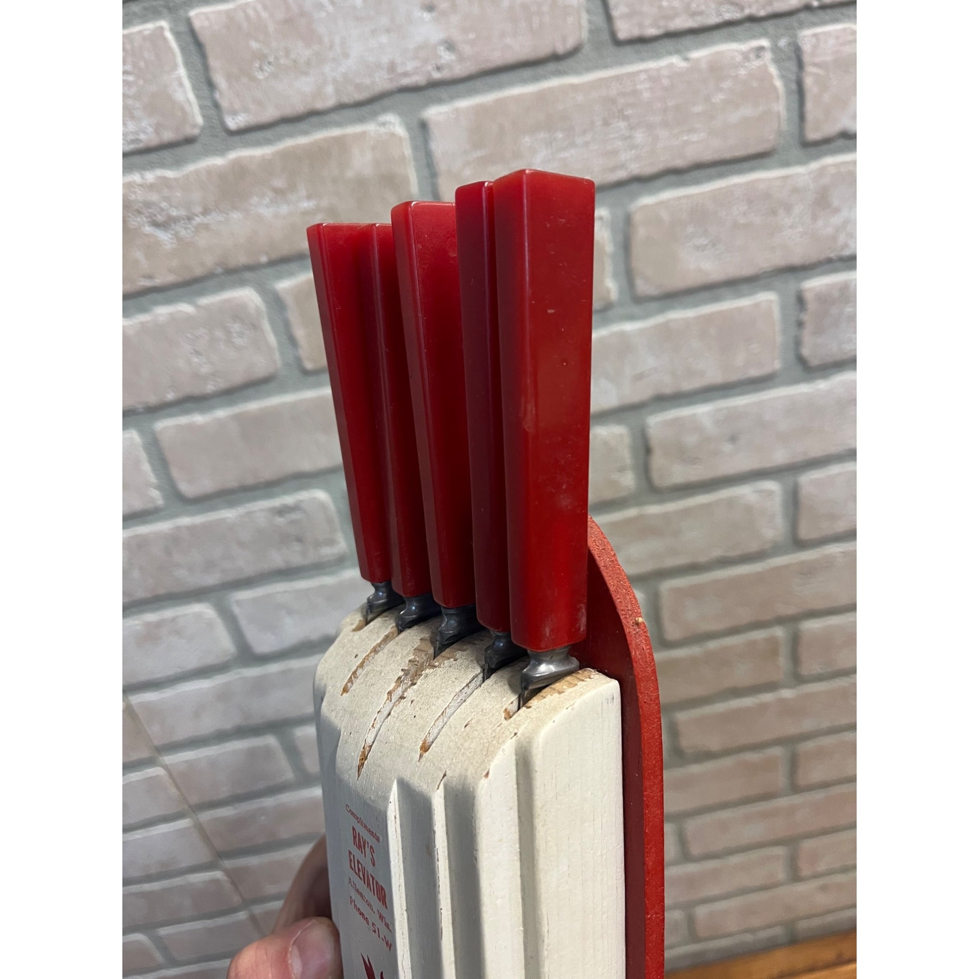 Vintage Mid-Century MCM Red/White Knife Block Holder Bakelite Knives Allenton WI
