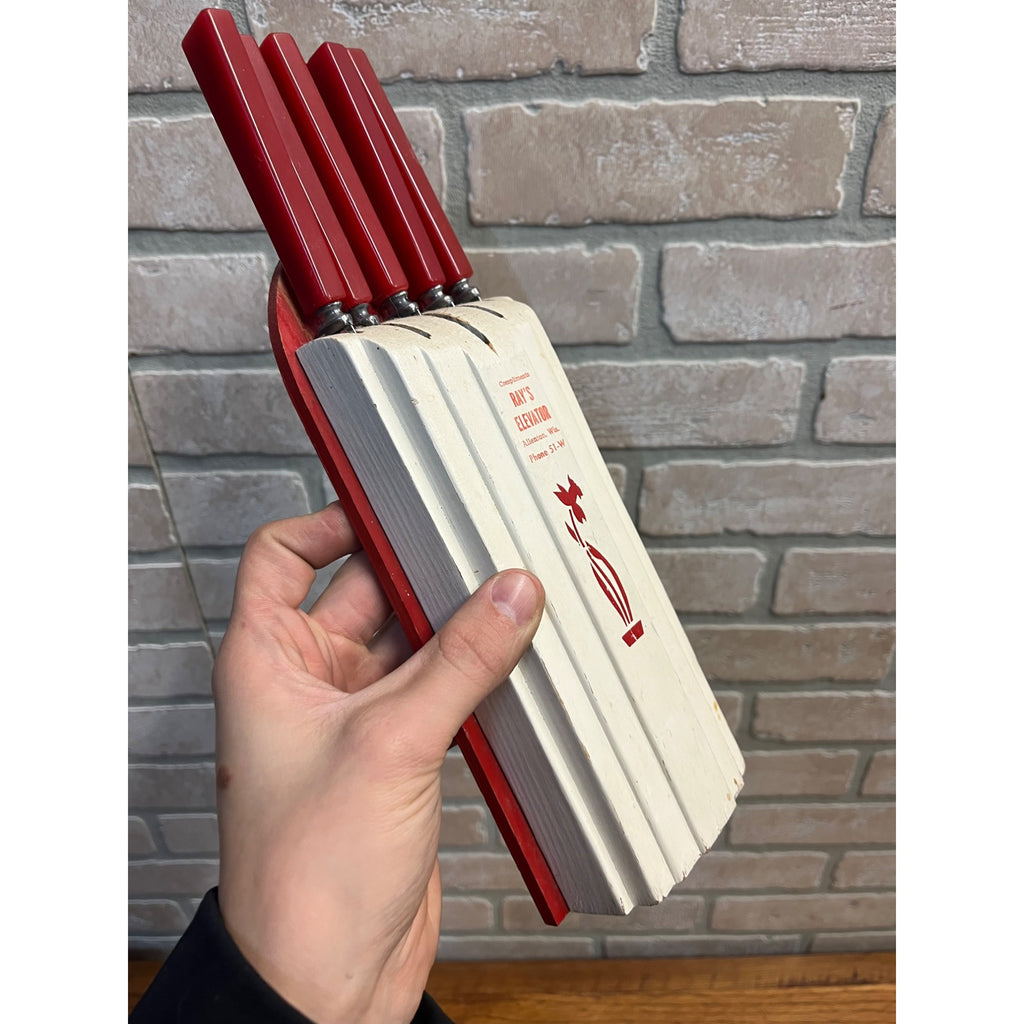 Vintage Mid-Century MCM Red/White Knife Block Holder Bakelite Knives Allenton WI
