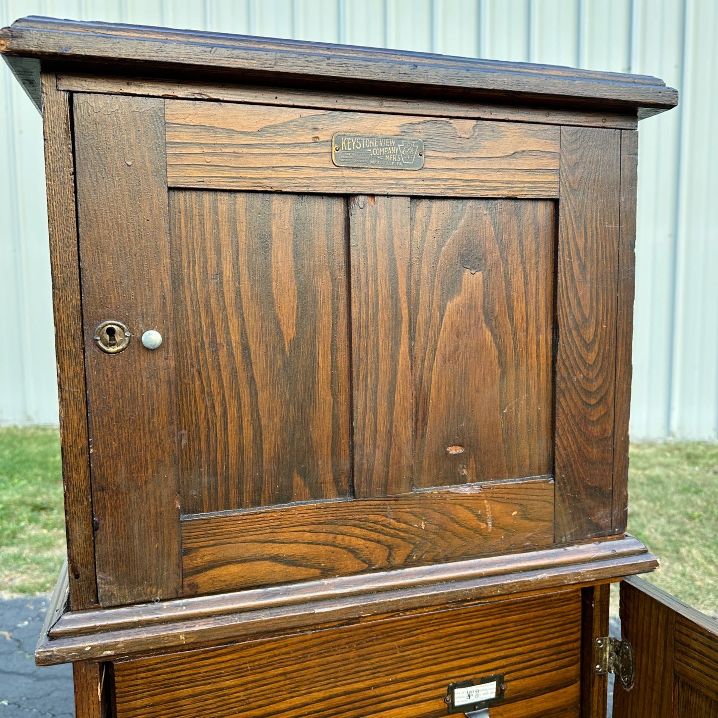 Antique 1900s Oak Double Stack Keystone View Co Library Cabinet Stereoview