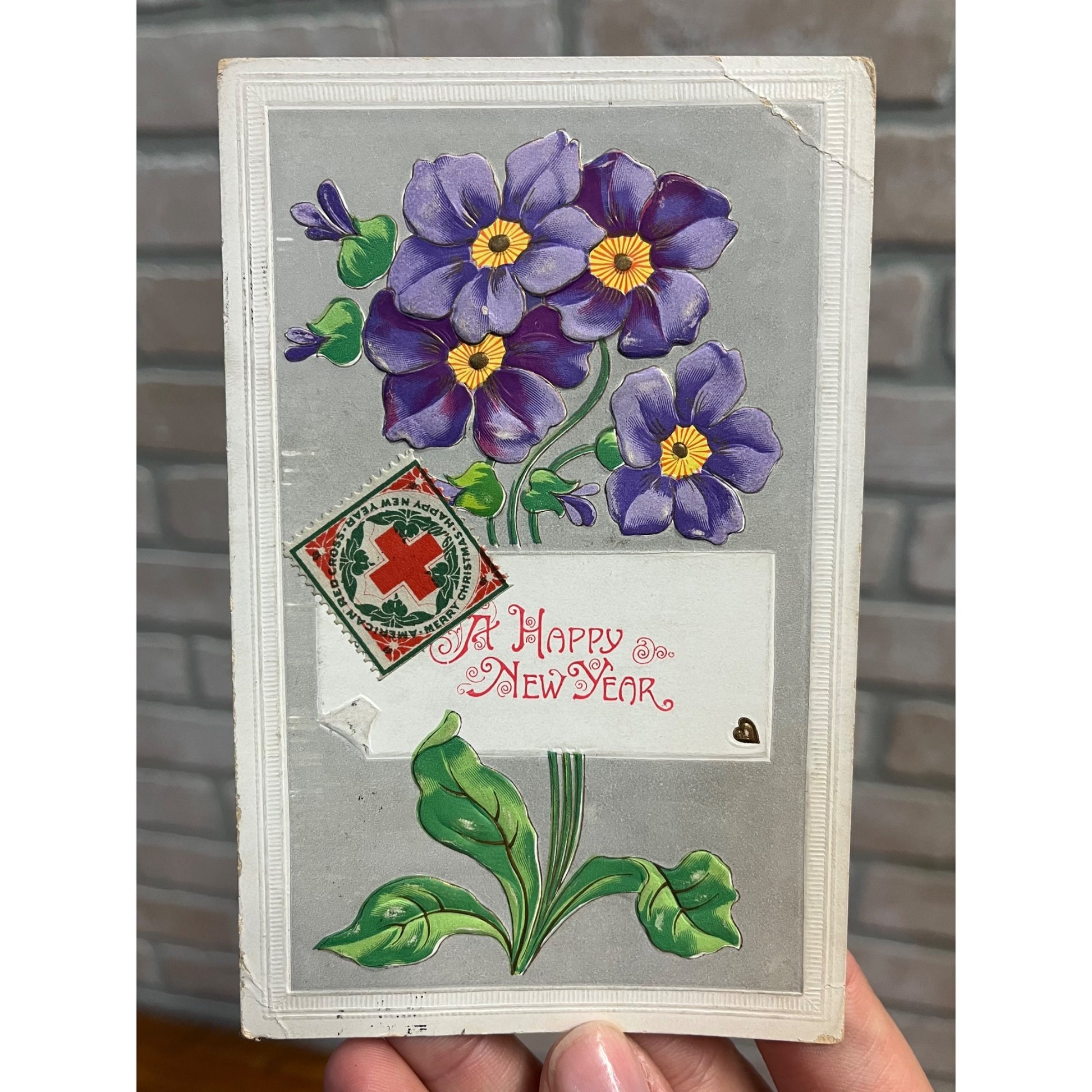 Vintage 1910 Happy New Year Postcard w/ Christmas Seal Tied US American Red Cross
